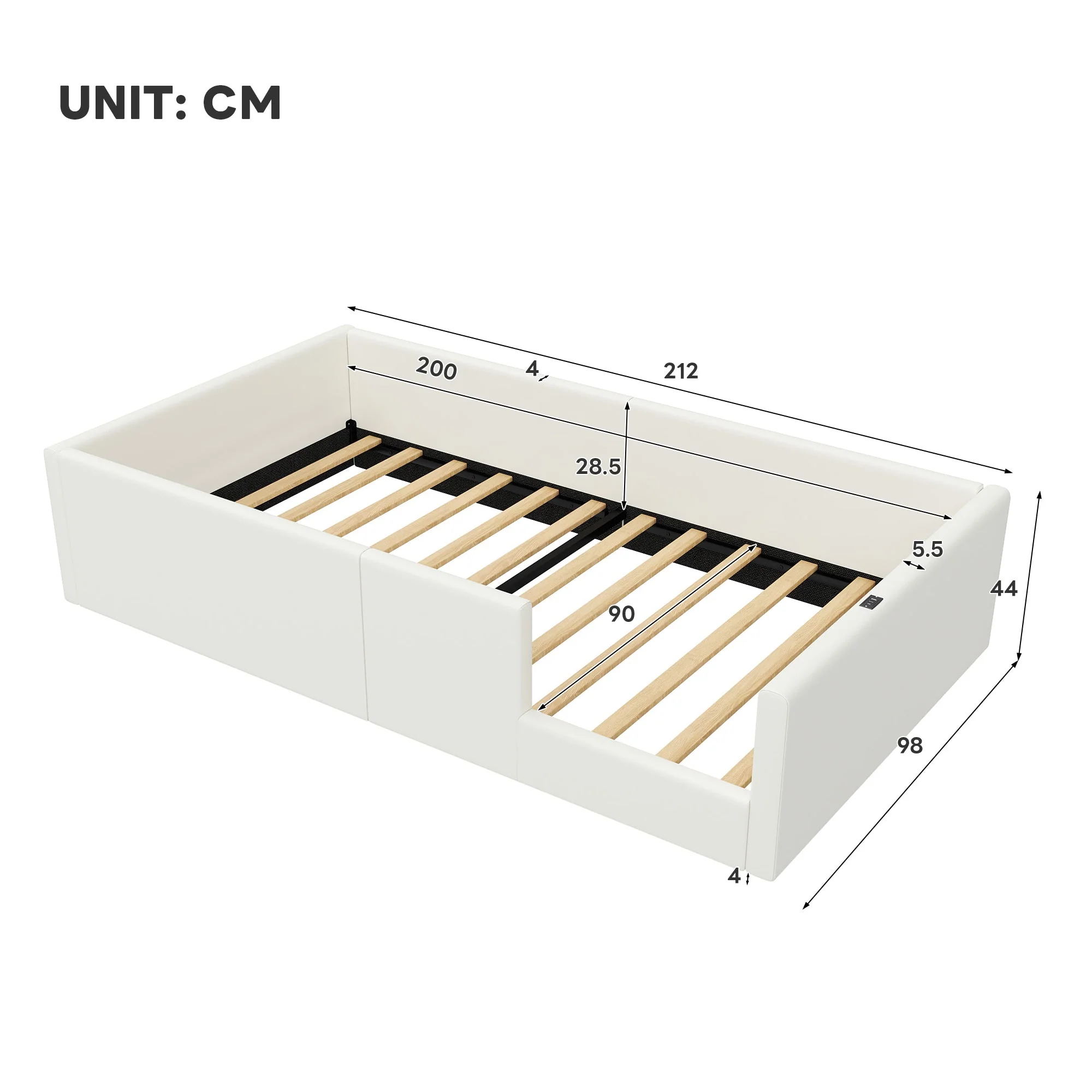 Upholstered Platform Bed with Safety Railing and Charging Station, 90x200cm, White Velvet - Image 5