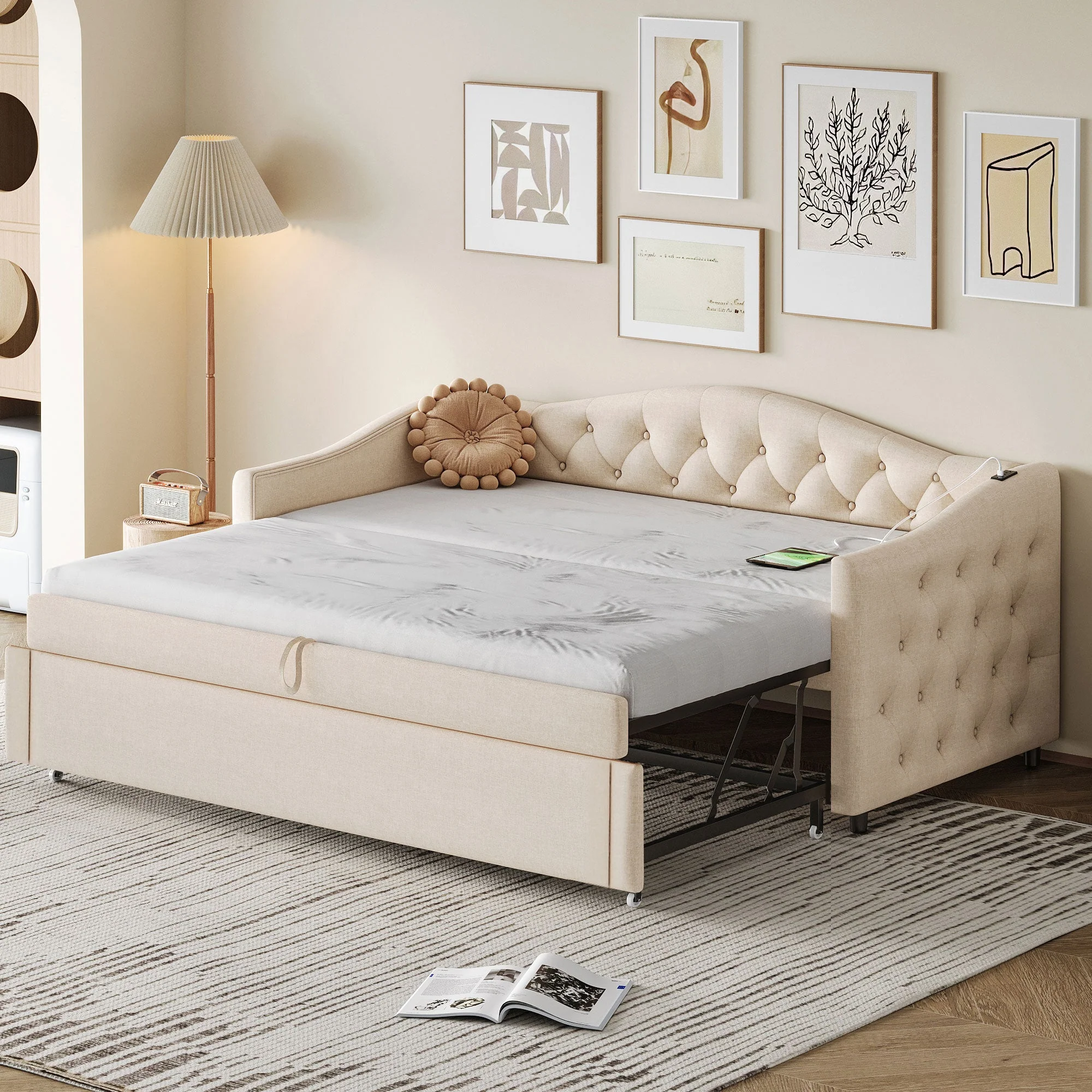 Upholstered Pull-out Sofa Bed with USB Port, Slatted Frame, Multifunctional - Linen Fabric, Beige - Image 2