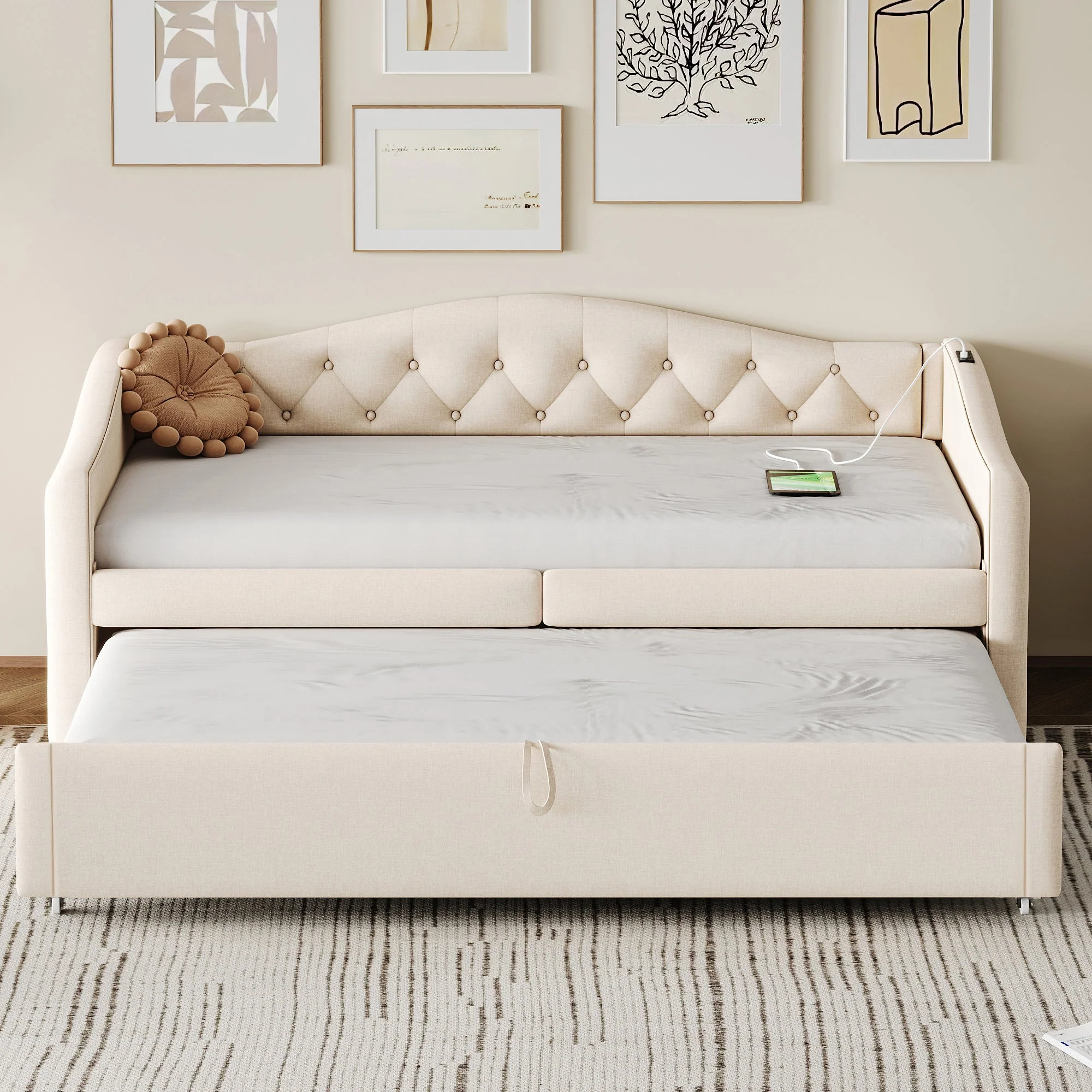 Upholstered Pull-out Sofa Bed with USB Port, Slatted Frame, Multifunctional - Linen Fabric, Beige - Image 3