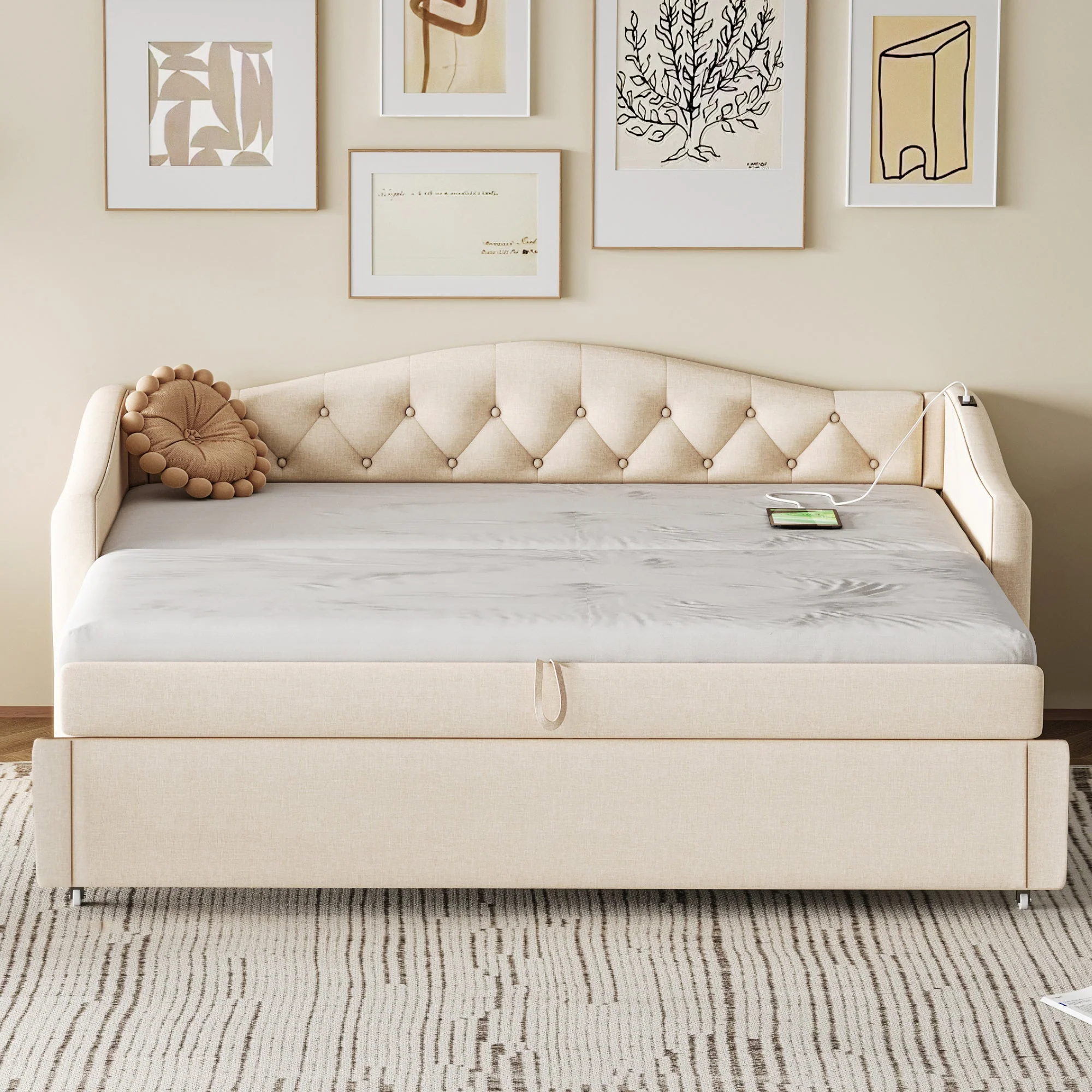 Upholstered Pull-out Sofa Bed with USB Port, Slatted Frame, Multifunctional - Linen Fabric, Beige - Image 4