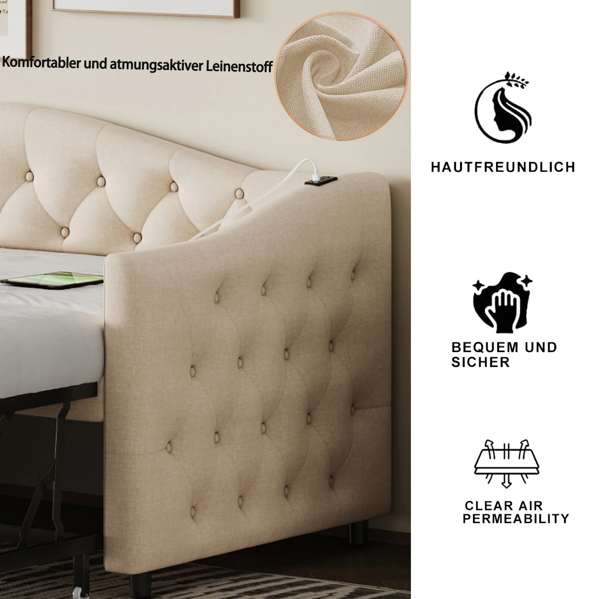 Upholstered Pull-out Sofa Bed with USB Port, Slatted Frame, Multifunctional - Linen Fabric, Beige - Image 5