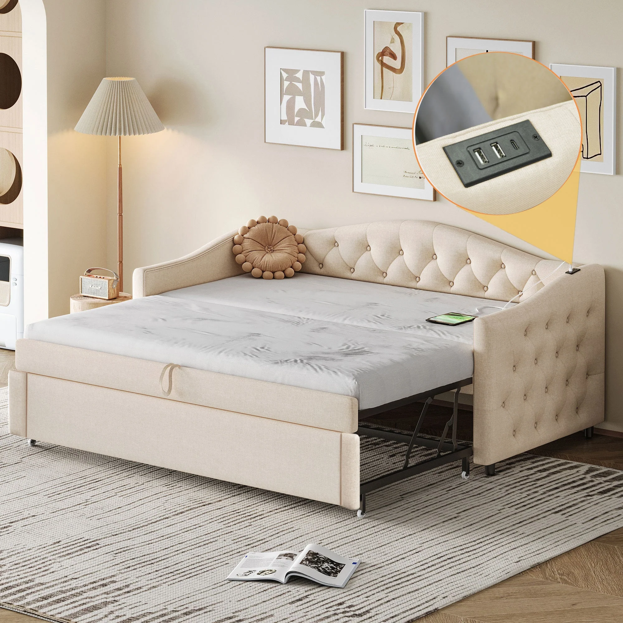 Upholstered Pull-out Sofa Bed with USB Port, Slatted Frame, Multifunctional - Linen Fabric, Beige - Image 6