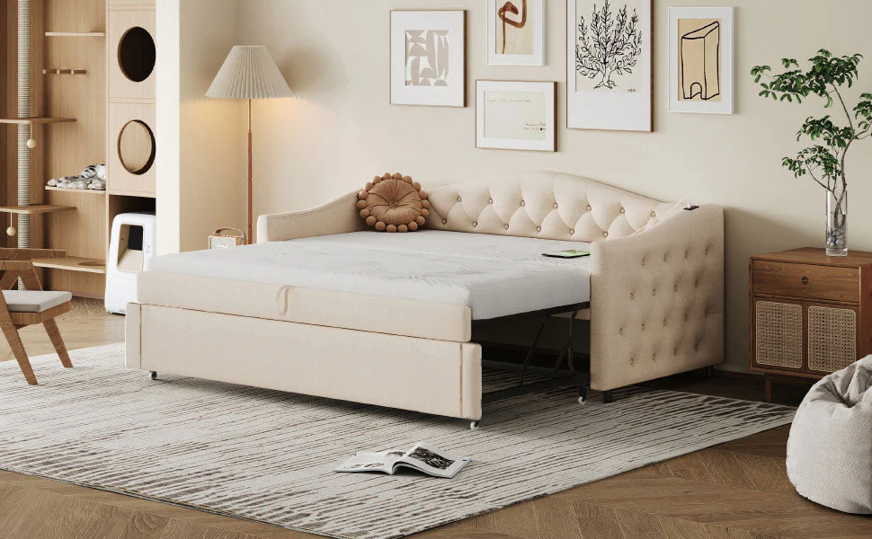 Upholstered Pull-out Sofa Bed with USB Port, Slatted Frame, Multifunctional - Linen Fabric, Beige - Image 7