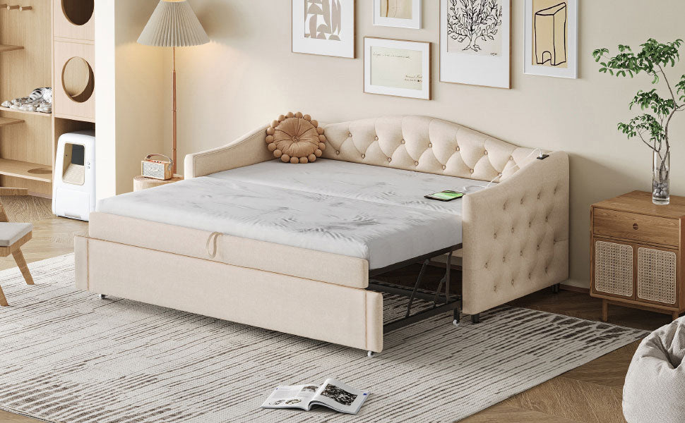 Upholstered Pull-out Sofa Bed with USB Port, Slatted Frame, Multifunctional - Linen Fabric, Beige - Image 8
