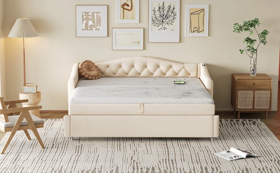 Upholstered Pull-out Sofa Bed with USB Port, Slatted Frame, Multifunctional - Linen Fabric, Beige - Image 9