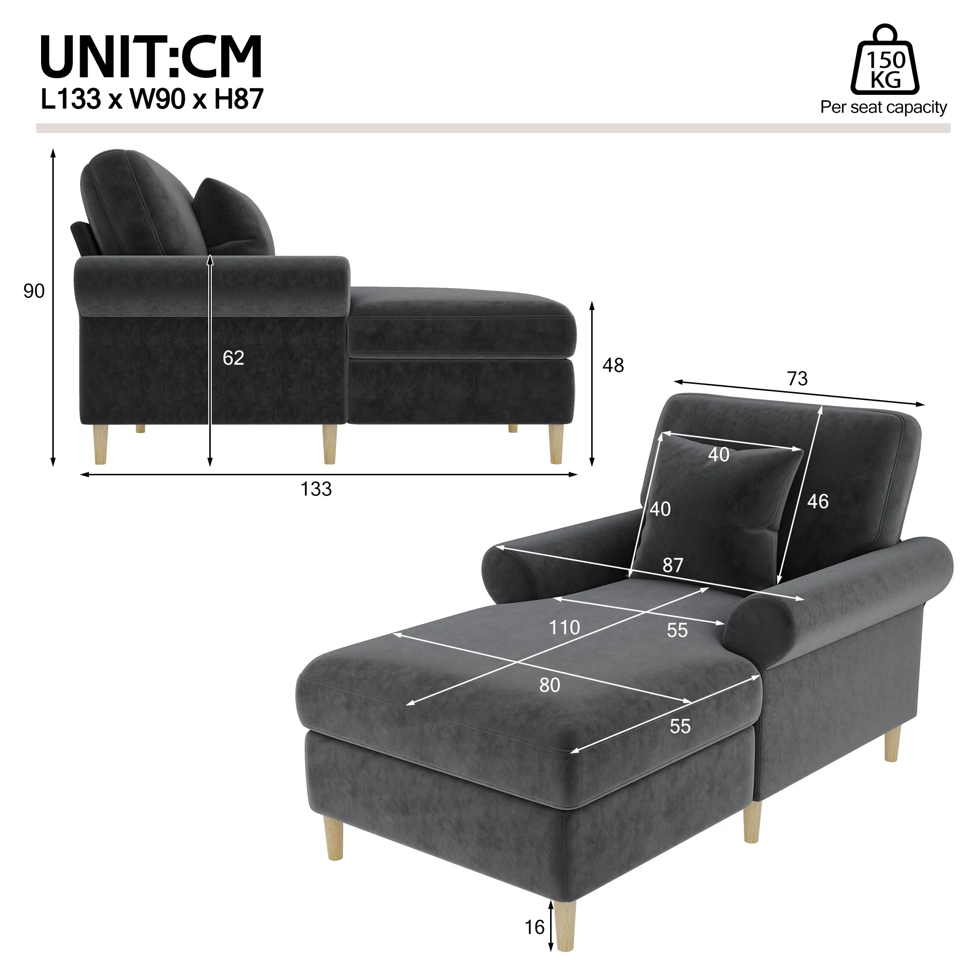 Upholstered Recliner Folding Sleeper Chair for Living Room/Bedroom, Velvet, Grey - Image 7