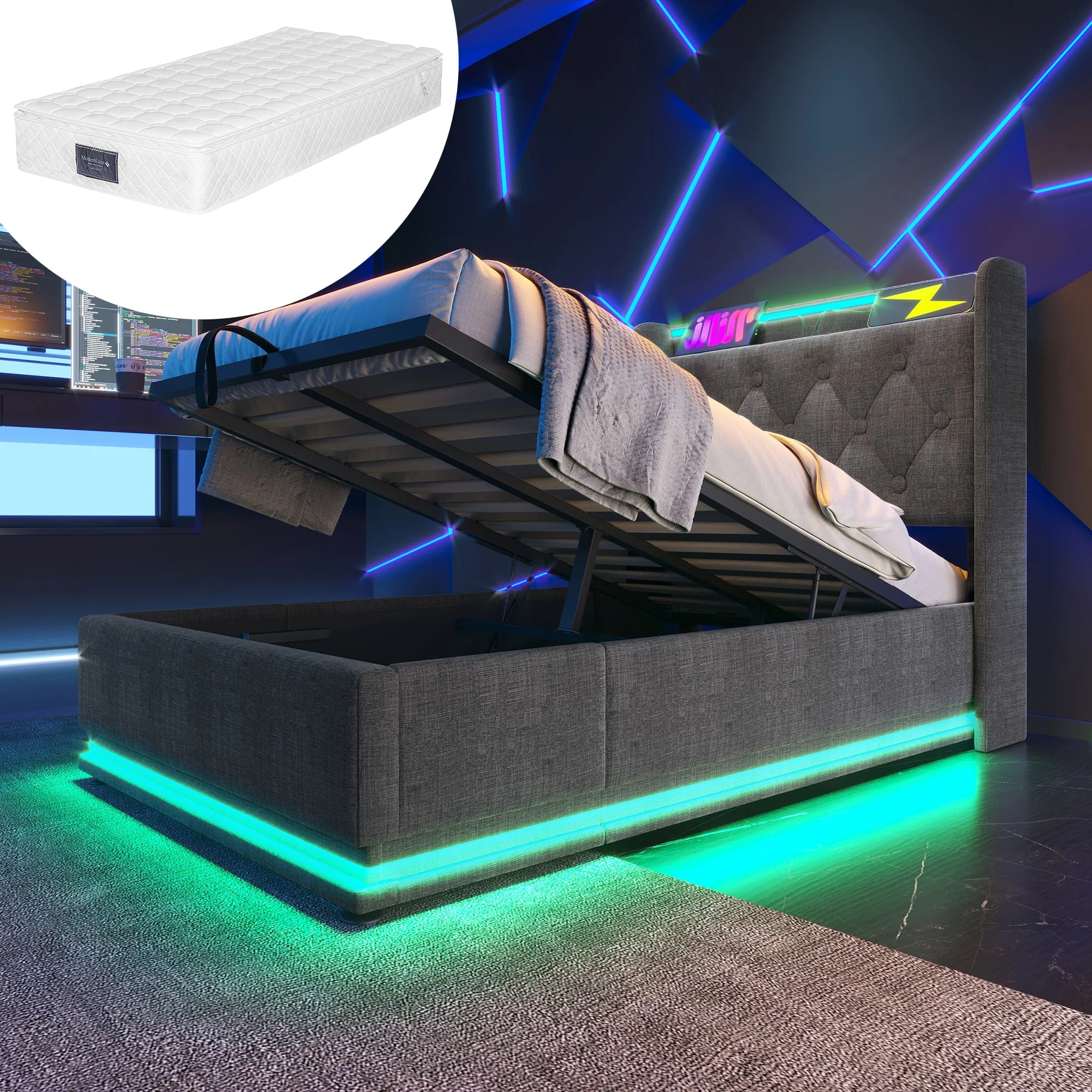 Upholstered Single Bed, 360-Degree LED, Hydraulic Storage, USB Type-C, Gray Linen
