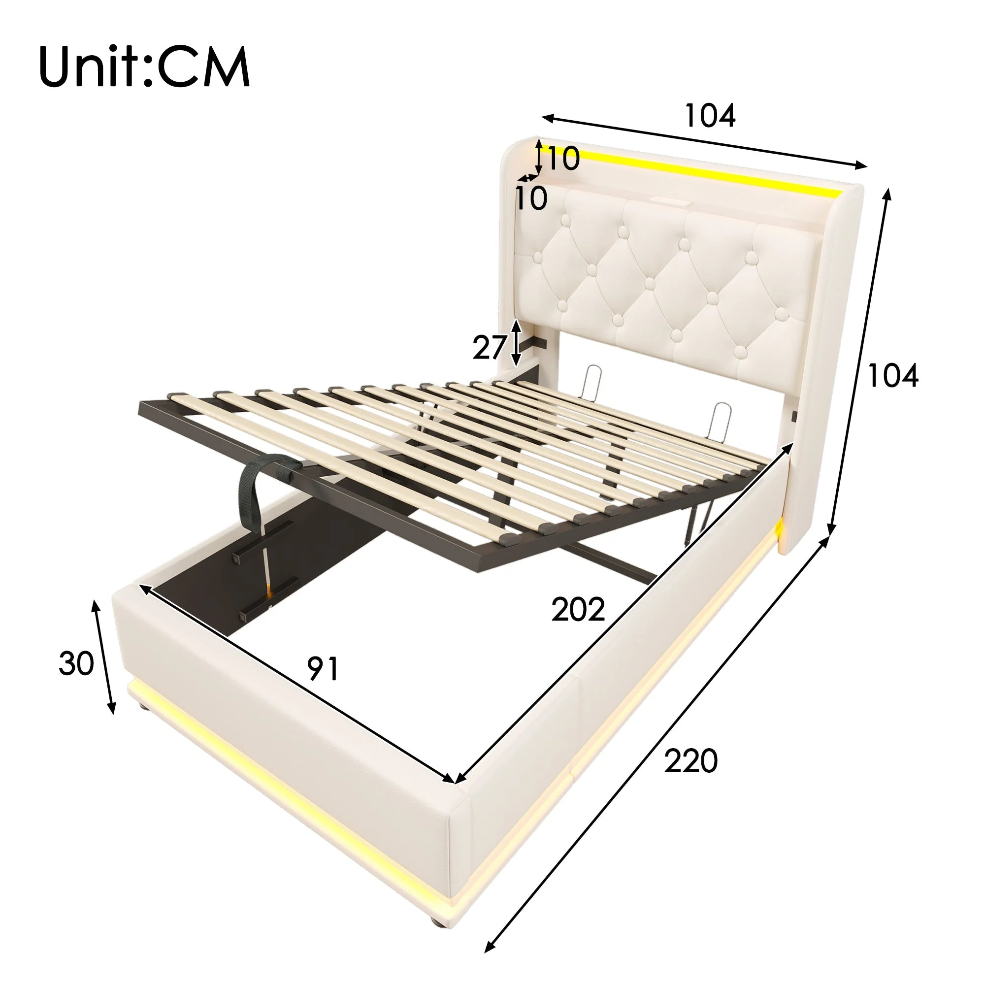 Upholstered Single Bed, 360° LED, Hydraulic Storage, USB-C Charging, White PU - Image 2