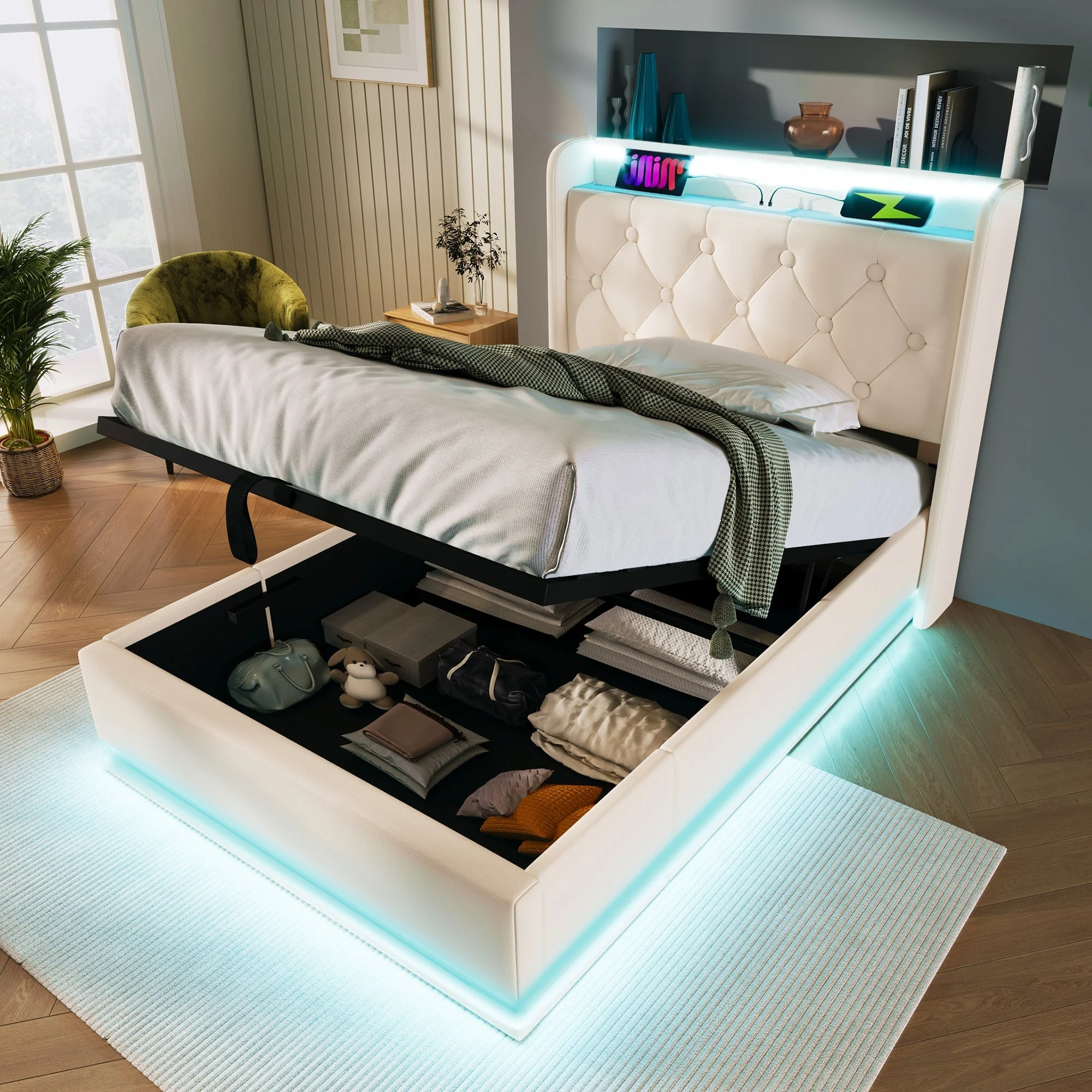 Upholstered Single Bed, 360° LED, Hydraulic Storage, USB-C Charging, White PU - Image 9
