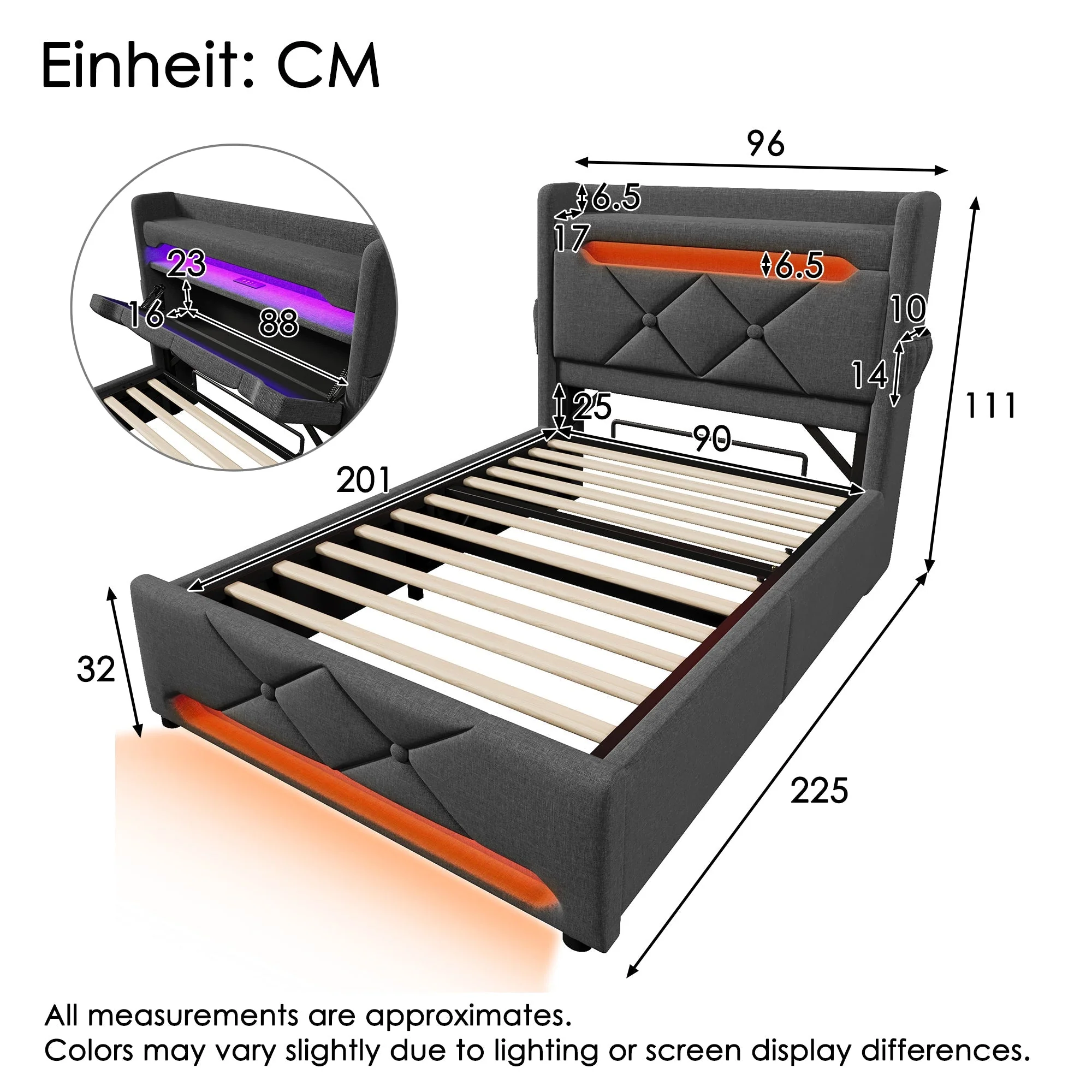 Upholstered Single Bed 90*200, Storage Headboard with USB & LED, Hydraulic, Gray Linen - Image 2