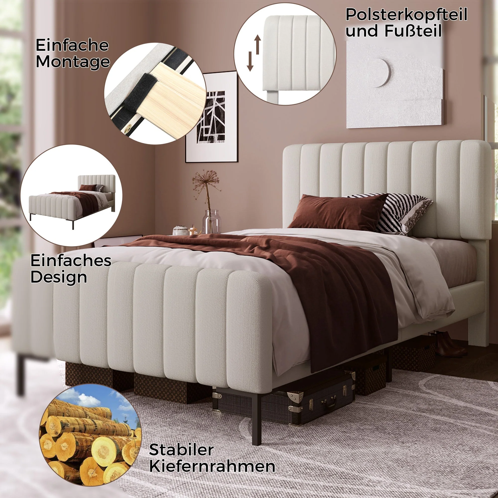 Upholstered single bed, 90 x 200 cm, adjustable headboard, grey-beige linen - Image 11