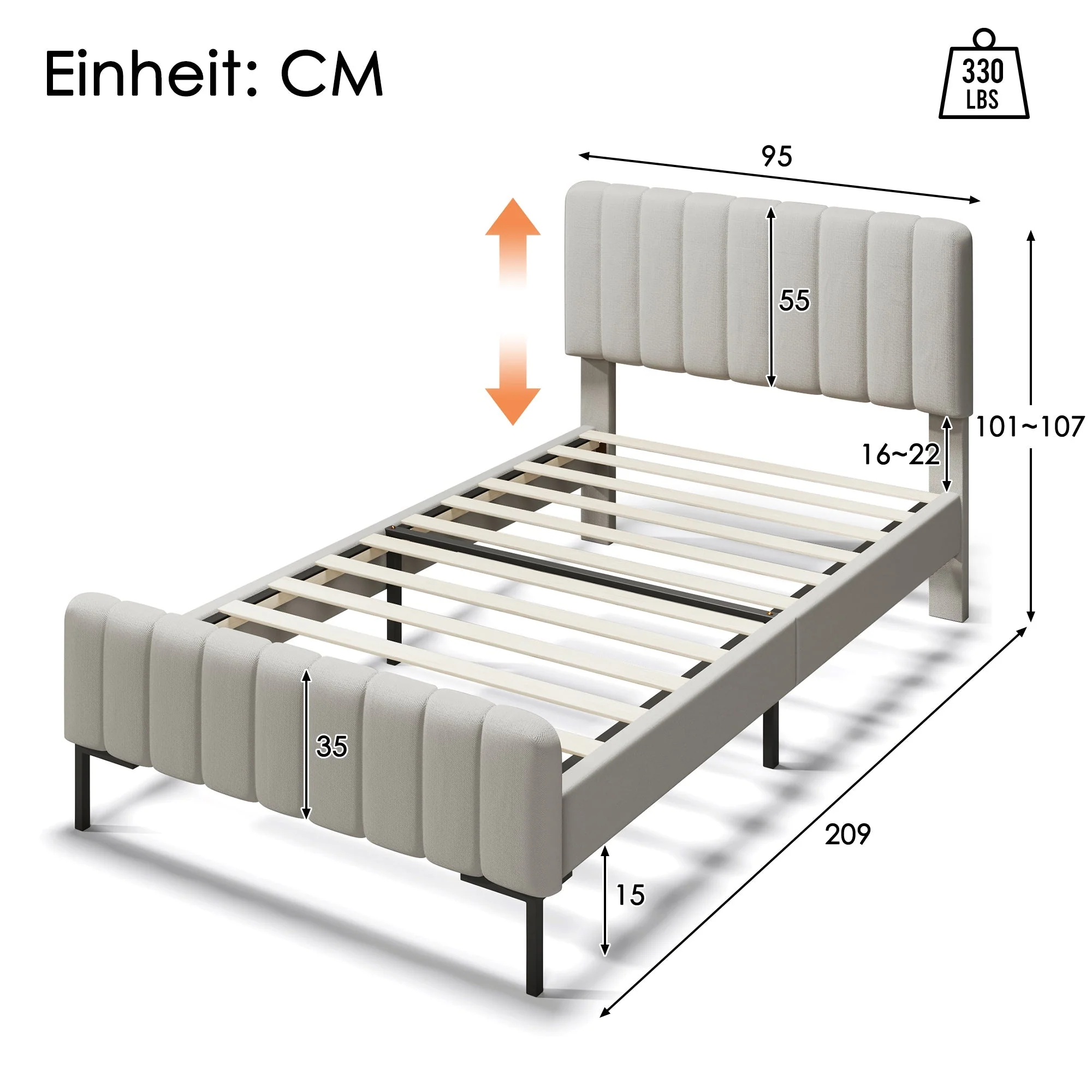 Upholstered single bed, 90 x 200 cm, adjustable headboard, grey-beige linen - Image 2