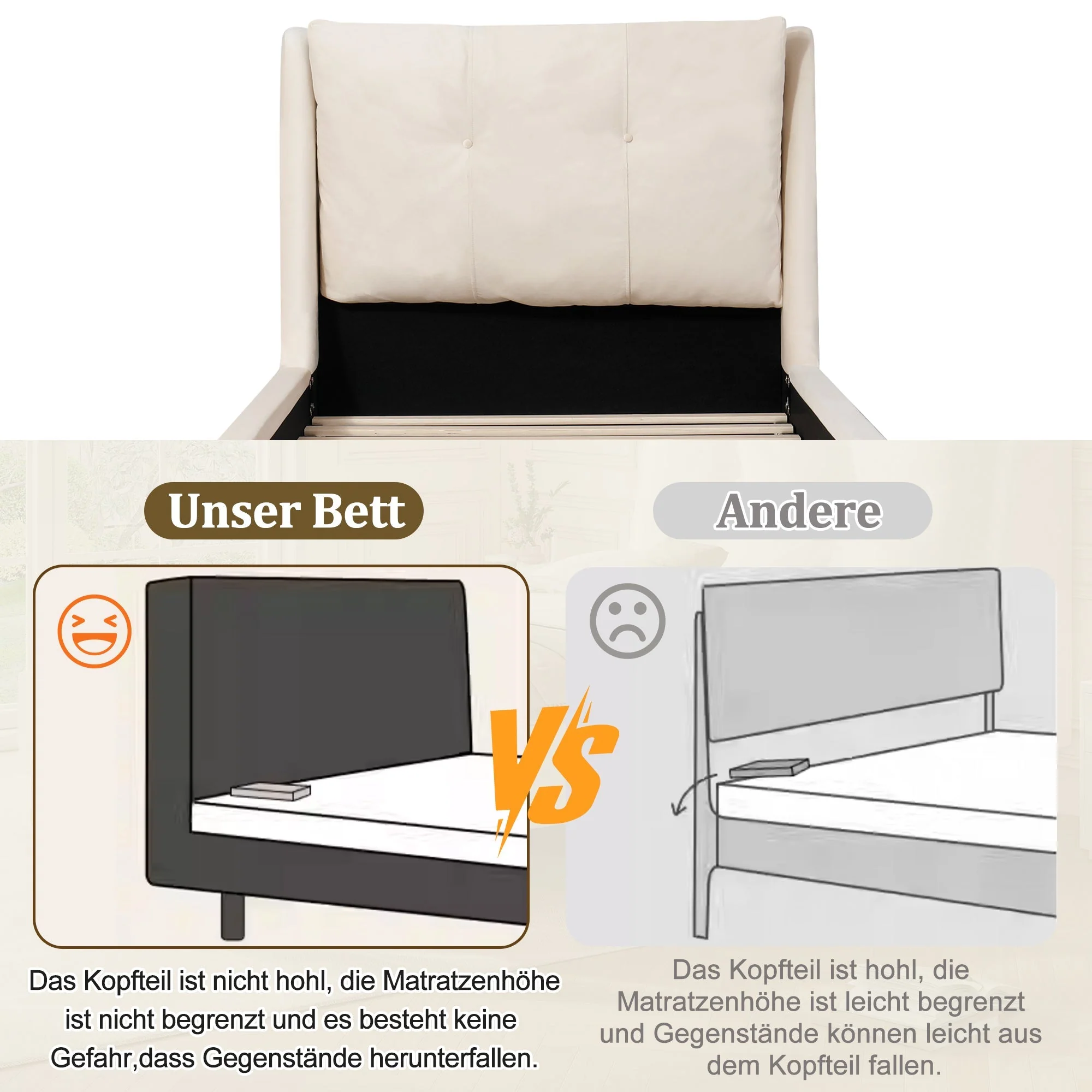 Upholstered Single Bed 90 x 200cm with Slatted Base and Solid Wood Legs, Beige Velvet - Image 5