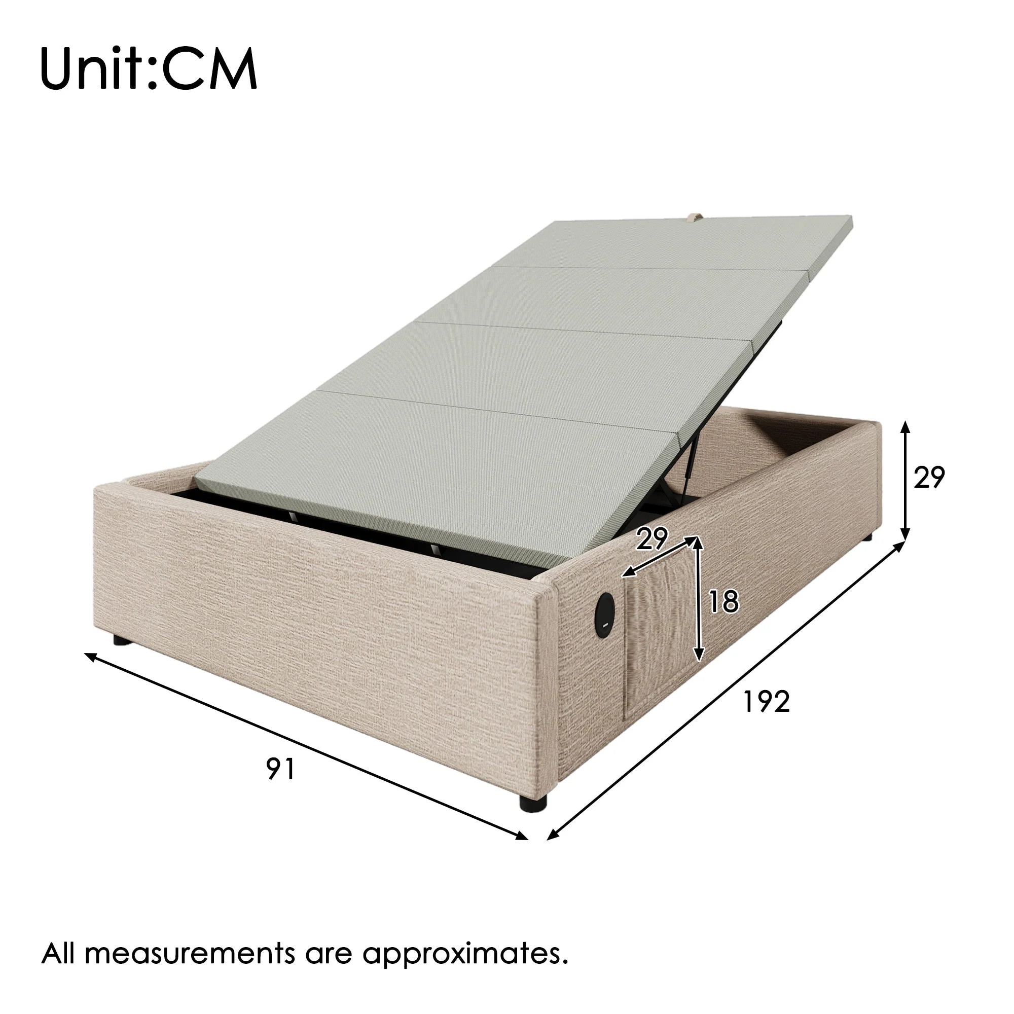 Upholstered Single Bed, 90x190 cm with USB-C and Slatted Frame, Natural Linen - Image 2
