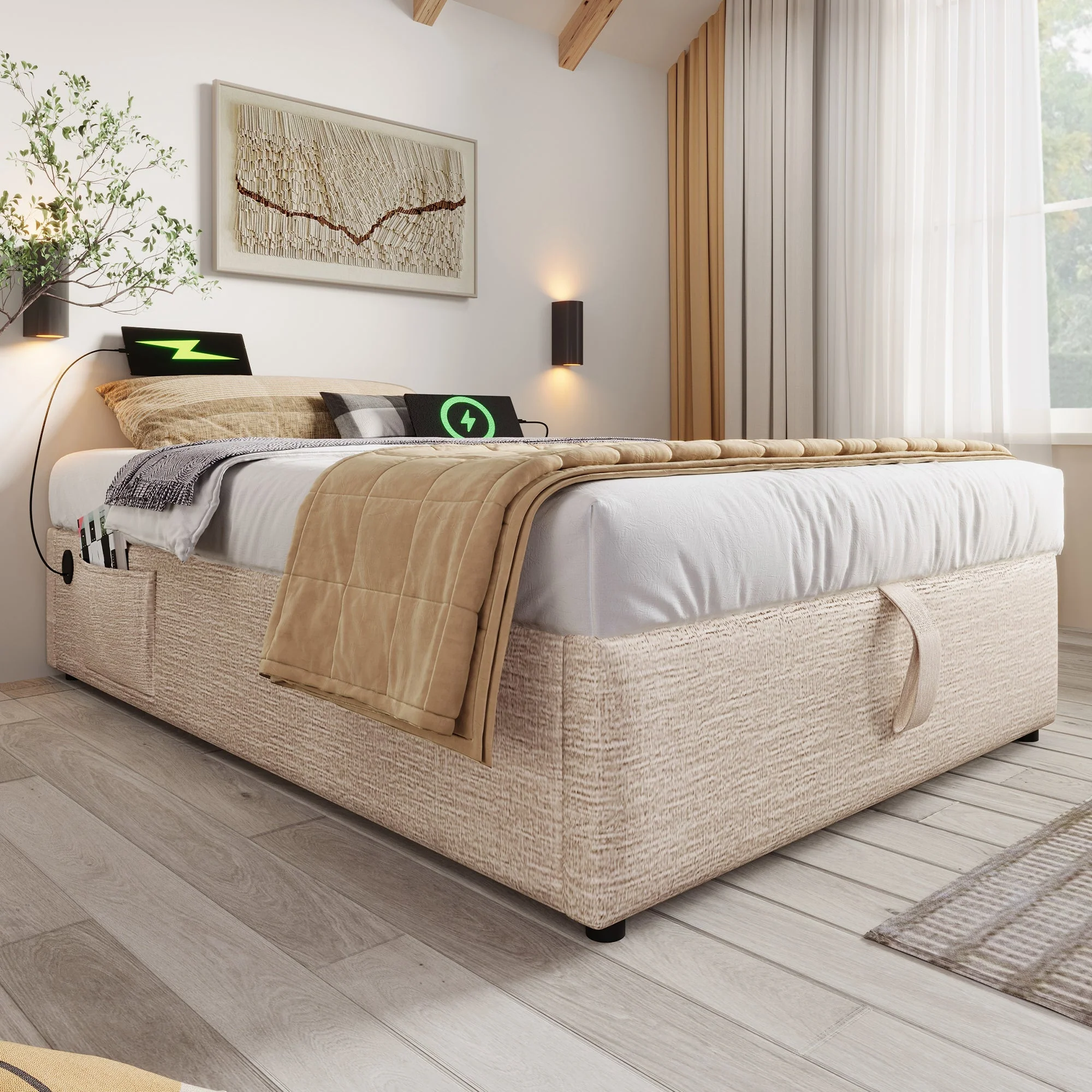 Upholstered Single Bed, 90x190 cm with USB-C and Slatted Frame, Natural Linen - Image 4