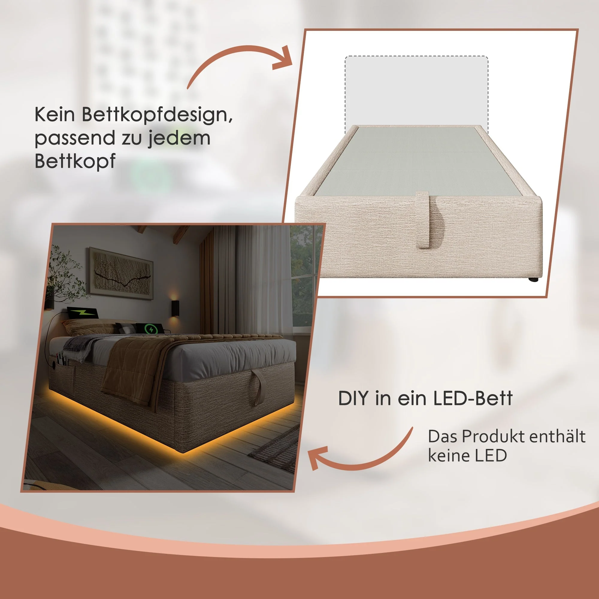 Upholstered Single Bed, 90x190 cm with USB-C and Slatted Frame, Natural Linen - Image 9