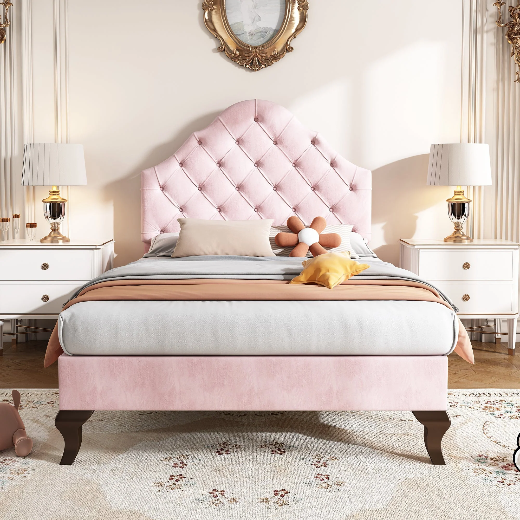 Upholstered Single Bed 90x200 Height-Adjustable Headboard Slatted Base Velvet Pink - Image 7