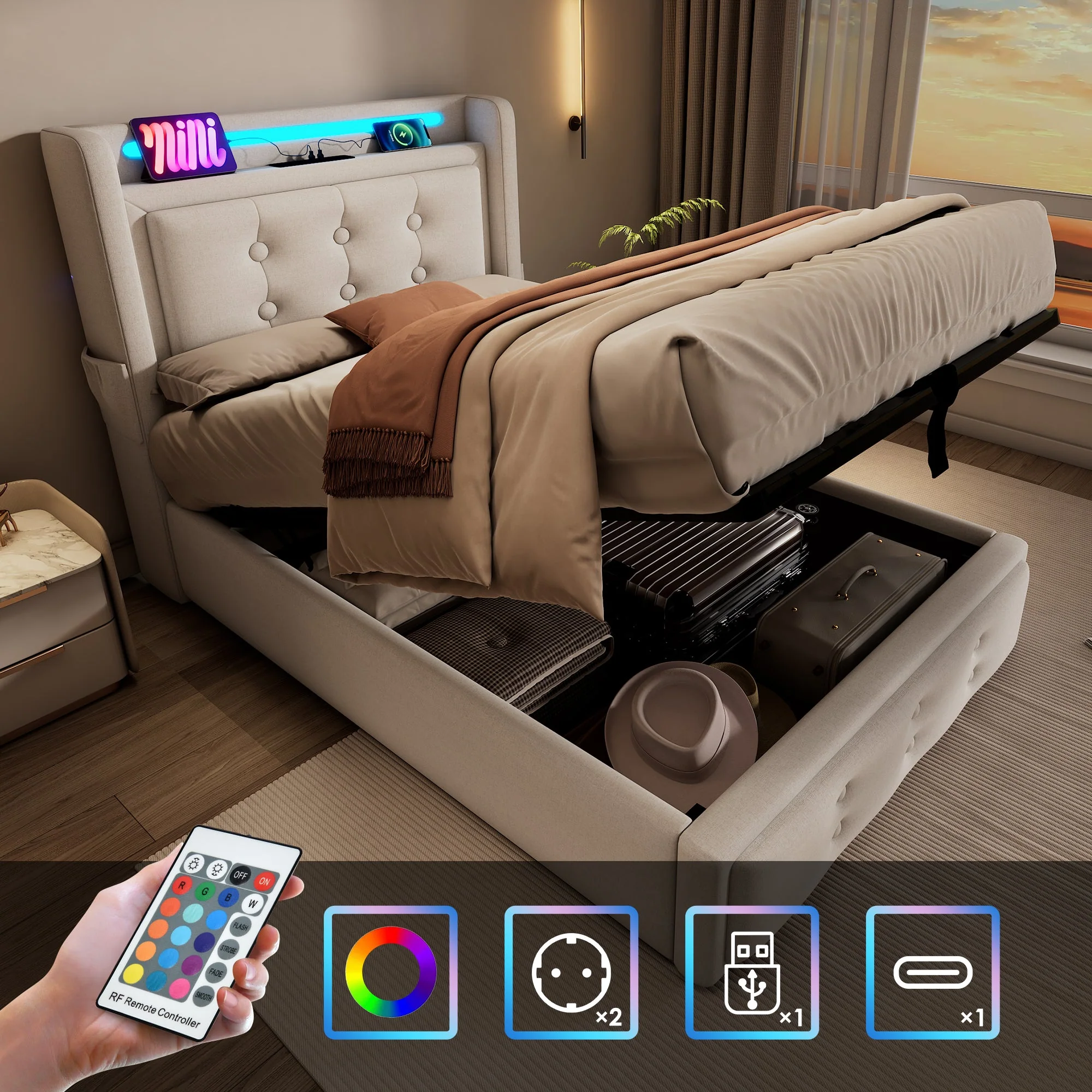 Upholstered Single Bed 90x200 LED USB Hydraulic Storage, Beige Cotton