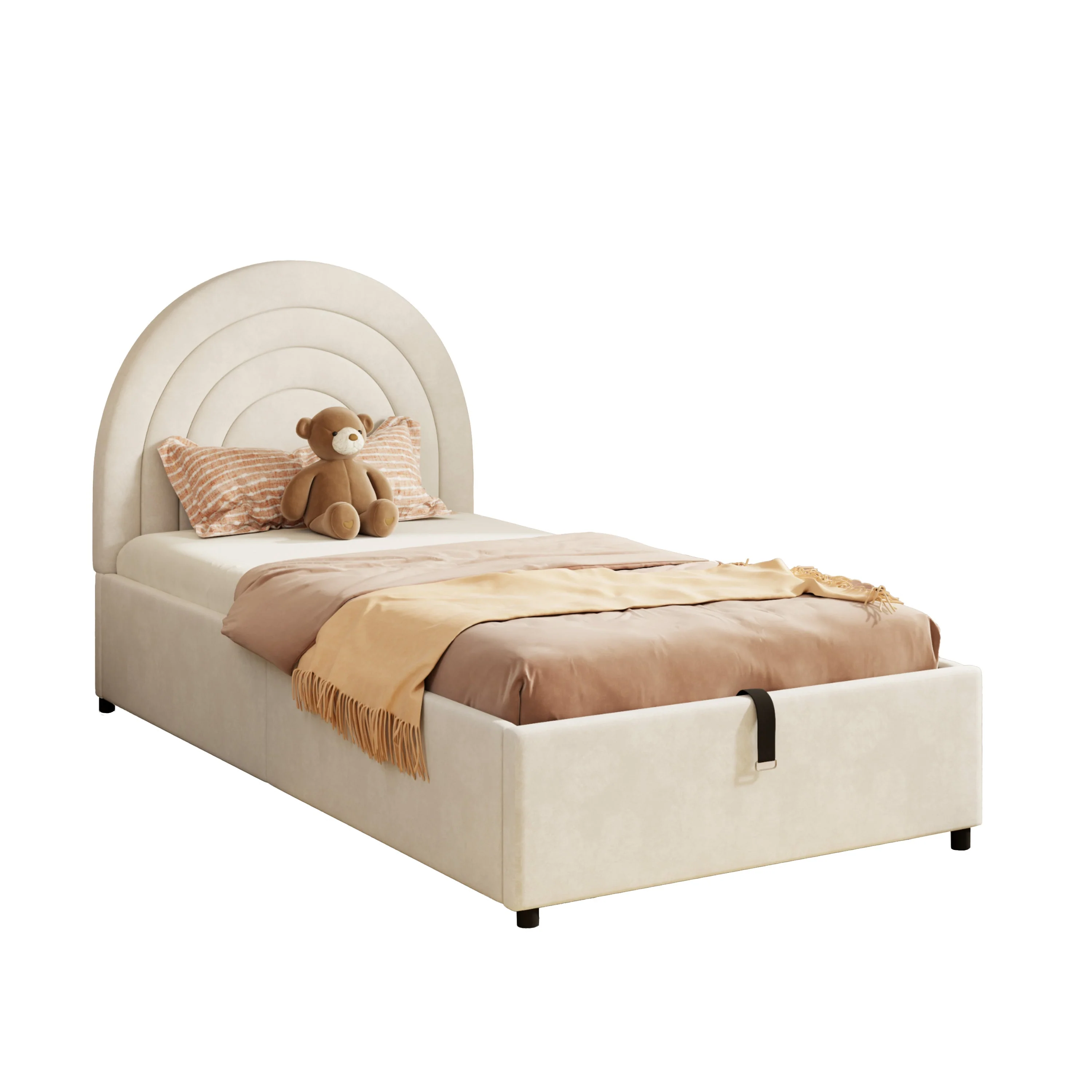 Upholstered Single Bed 90x200 with Slatted Base and Headboard, Beige Velvet - Image 10