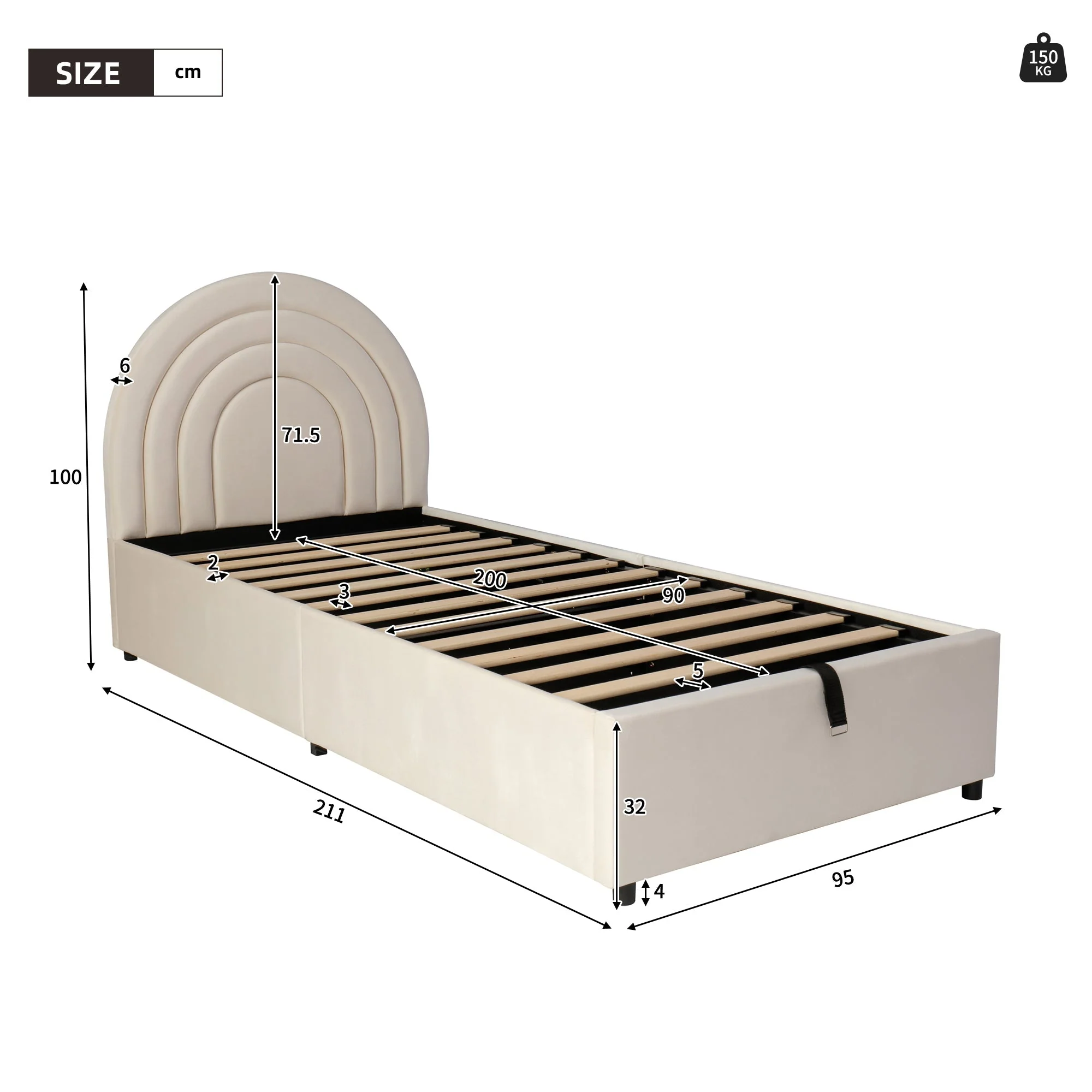 Upholstered Single Bed 90x200 with Slatted Base and Headboard, Beige Velvet - Image 9