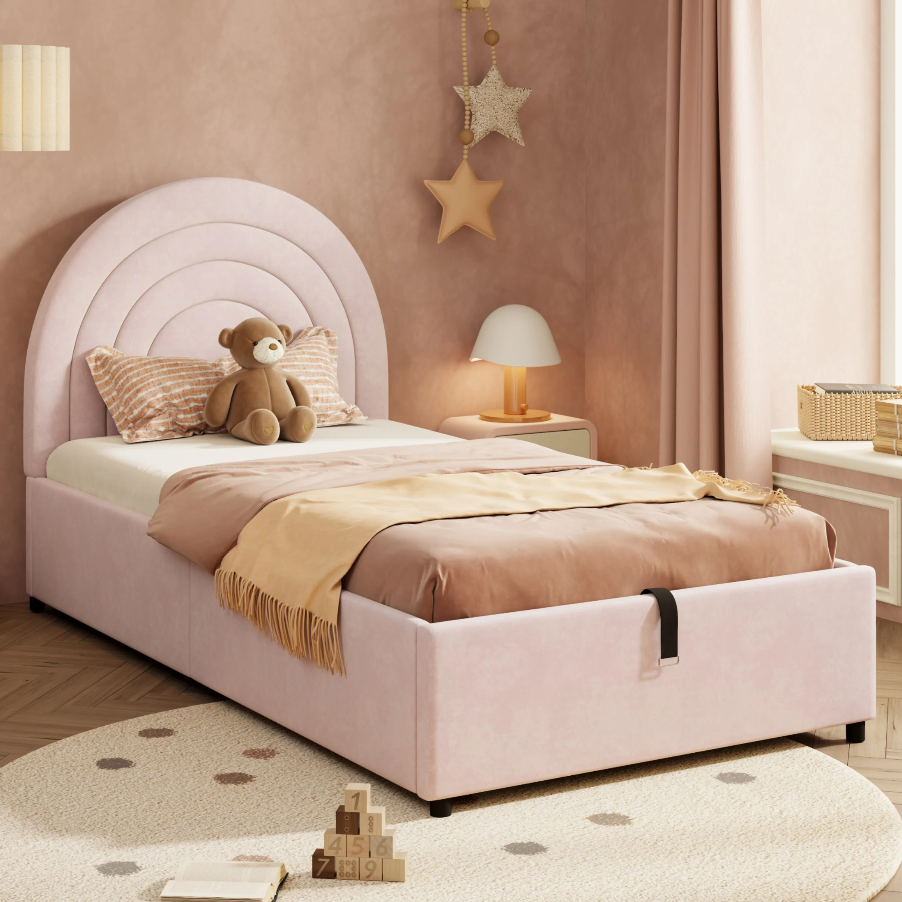 Upholstered Single Bed 90x200 with Slatted Base and Headboard, Pink Velvet - Image 2