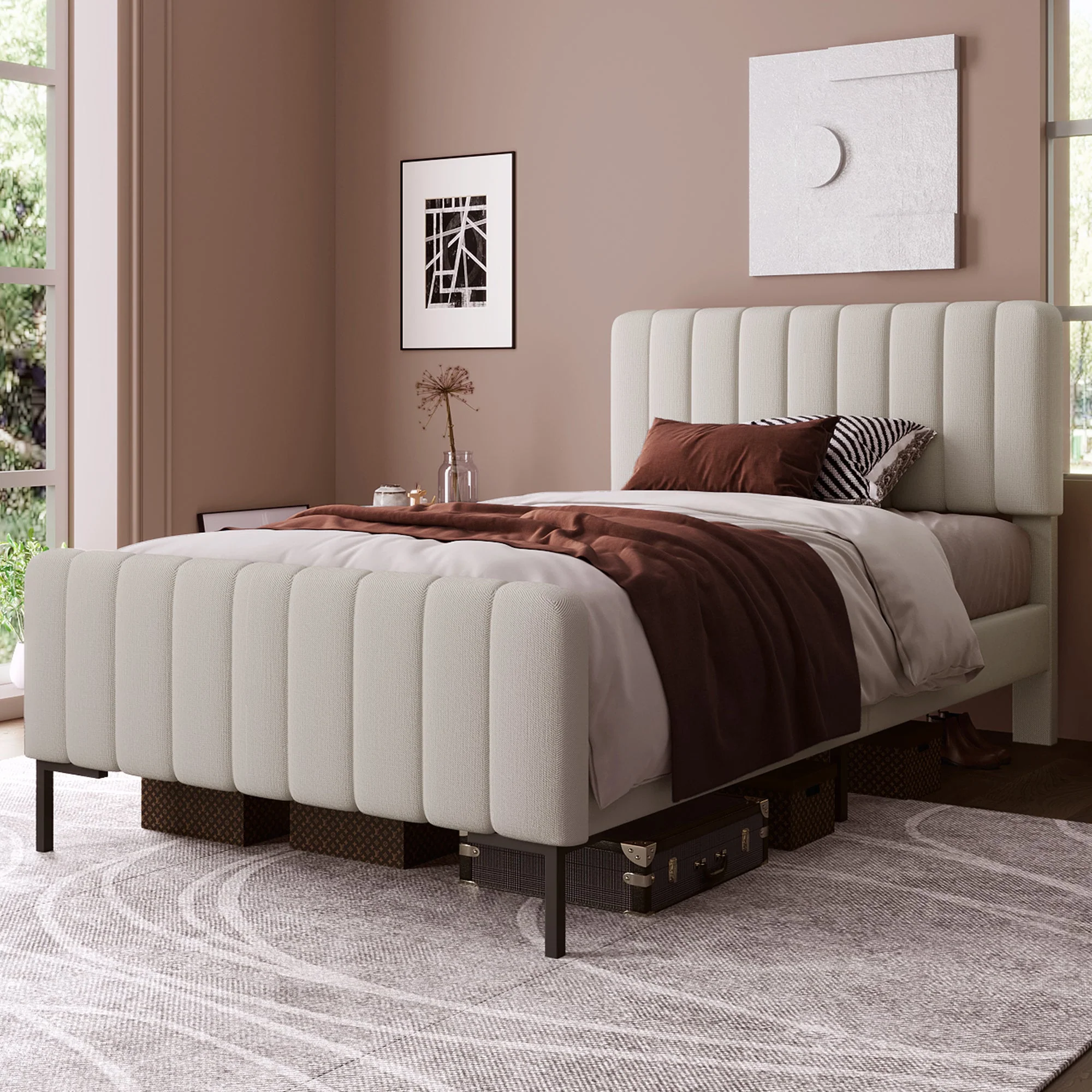 Upholstered Single Bed, 90x200cm Adjustable Headboard, Grey-Beige Linen - Image 2