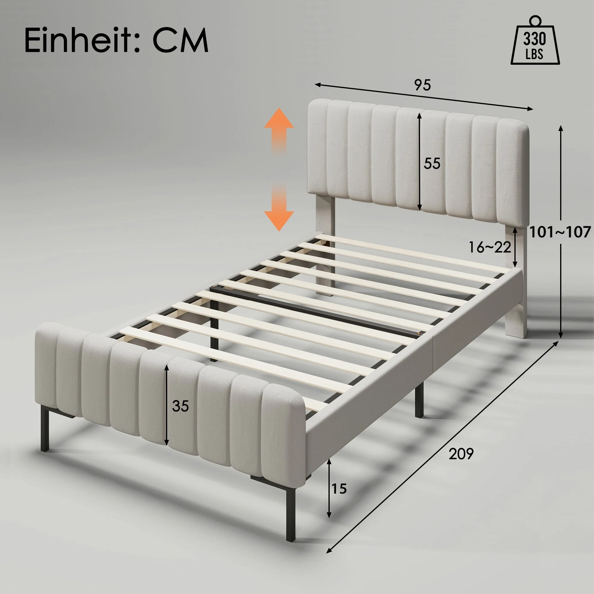 Upholstered Single Bed, 90x200cm Adjustable Headboard, Grey-Beige Linen - Image 6