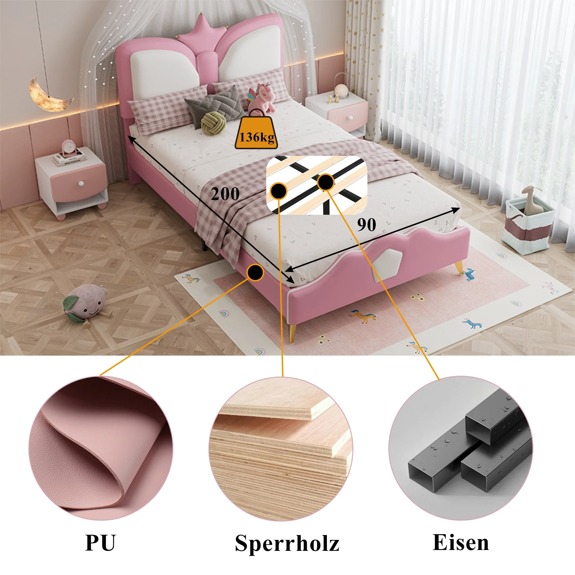 Upholstered Single Bed 90x200cm Crown Headboard Anti-Collision - Pink/White PU - Image 6