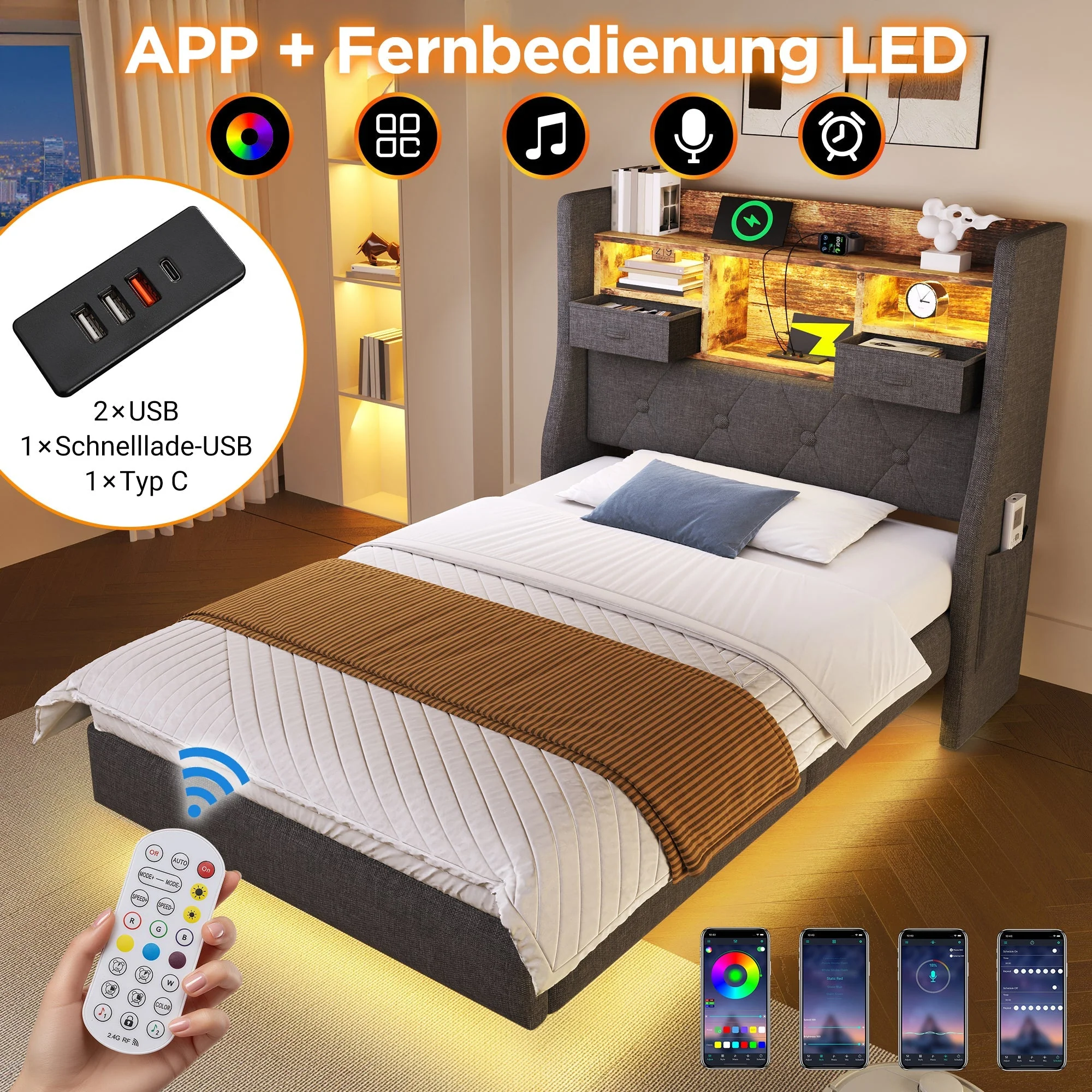 Upholstered Single Bed 90x200cm Floating Design LED Charging Station Storage, Linen Grey - Image 3