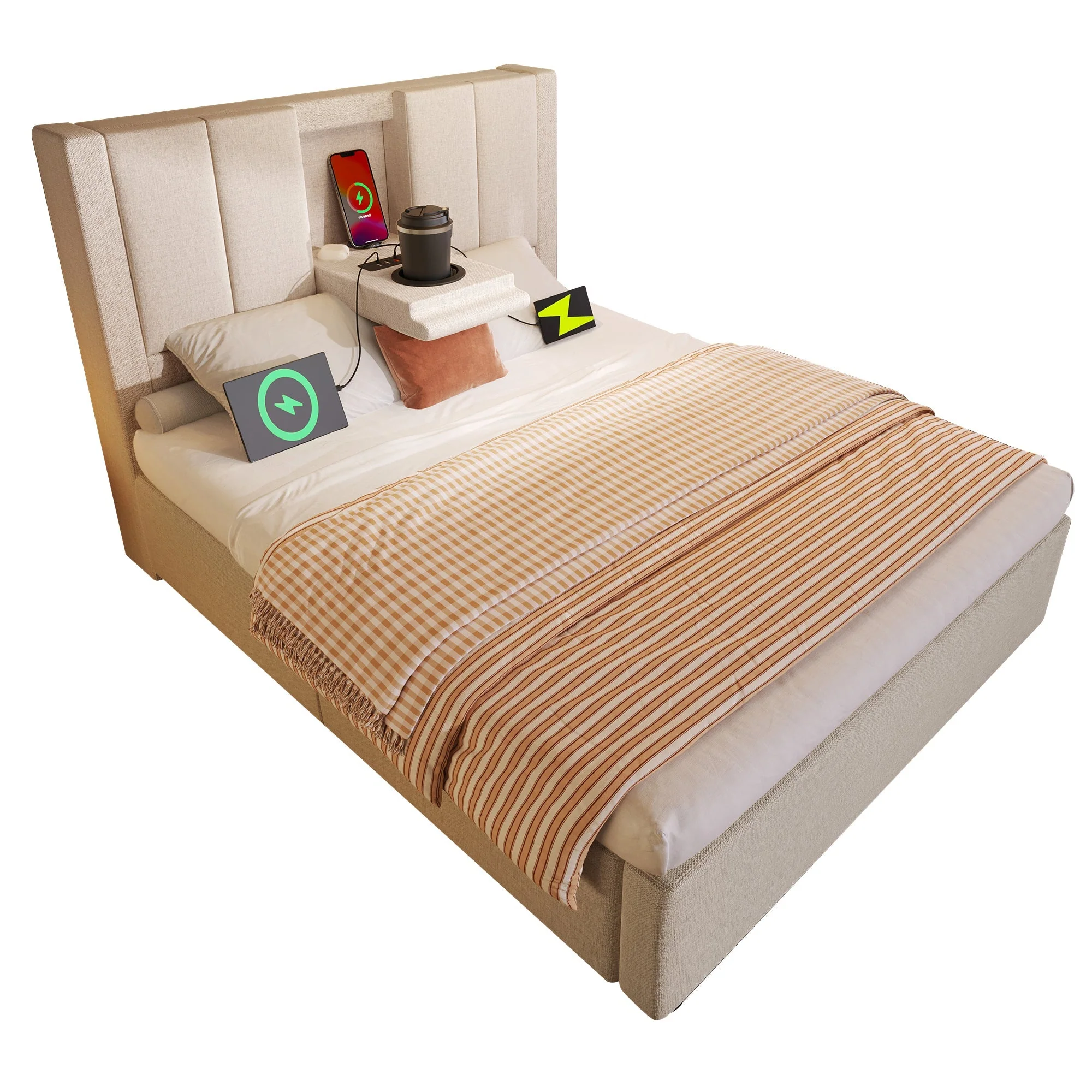 Upholstered Single Bed 90x200cm Hydraulic Storage Cup Holder Charging - Linen Beige - Image 7