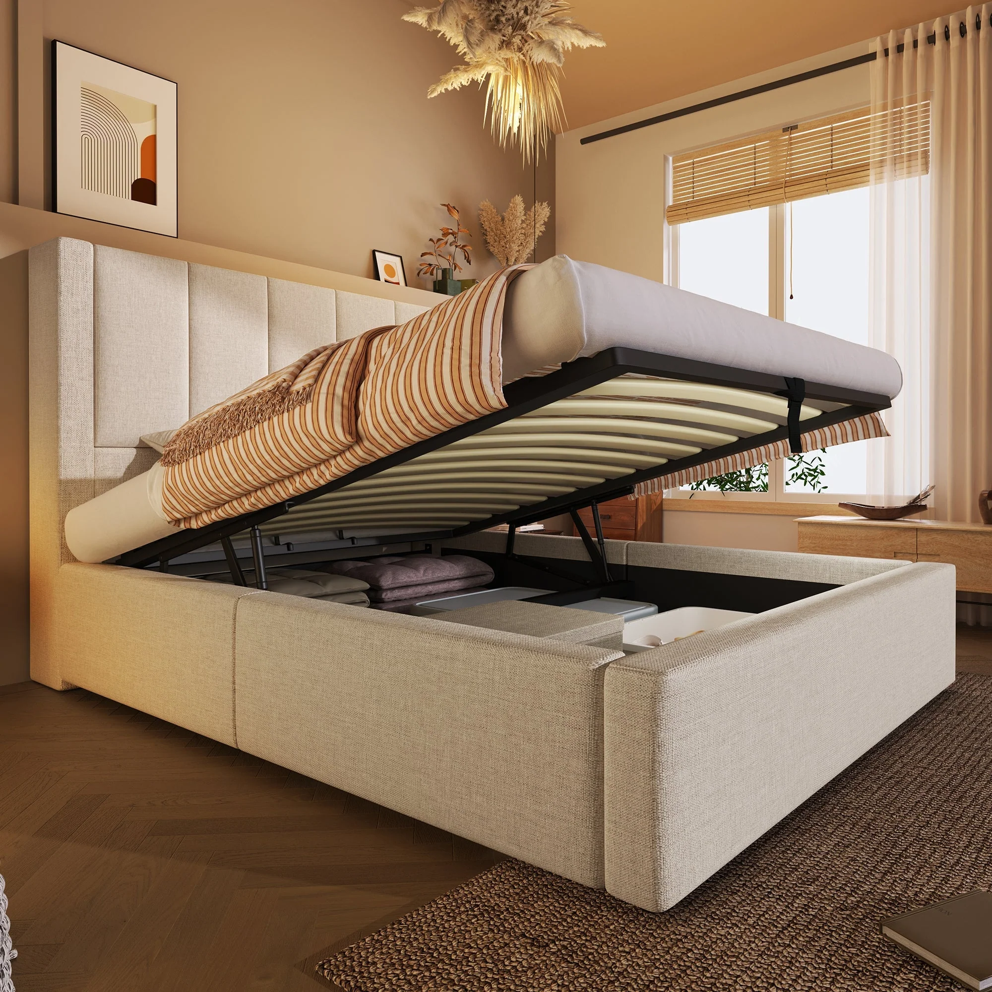 Upholstered Single Bed 90x200cm Hydraulic Storage Cup Holder Charging Station - Linen Beige - Image 10