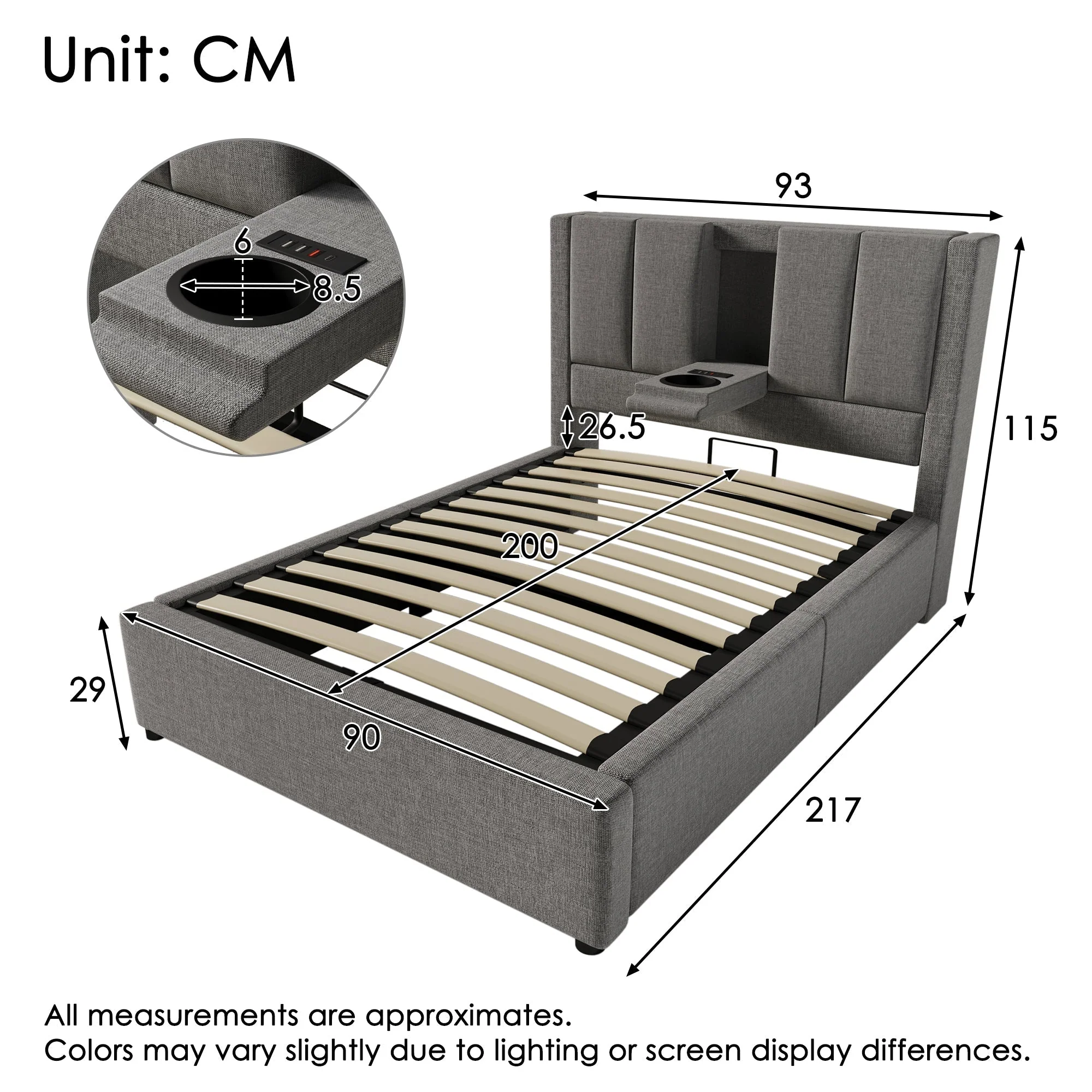 Upholstered Single Bed 90x200cm Hydraulic Storage Cup Holder Charging Station Linen Grey - Image 2