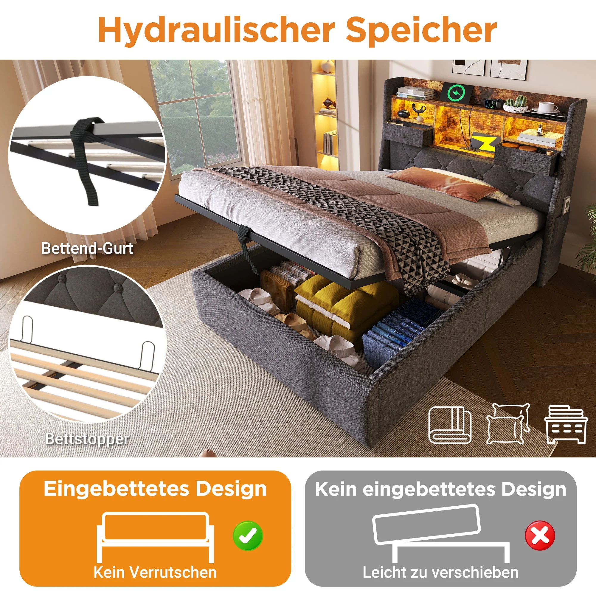 Upholstered Single Bed 90x200cm Hydraulic Storage LED Headboard USB/Type-C Charging, Grey Linen Fabric - Image 4