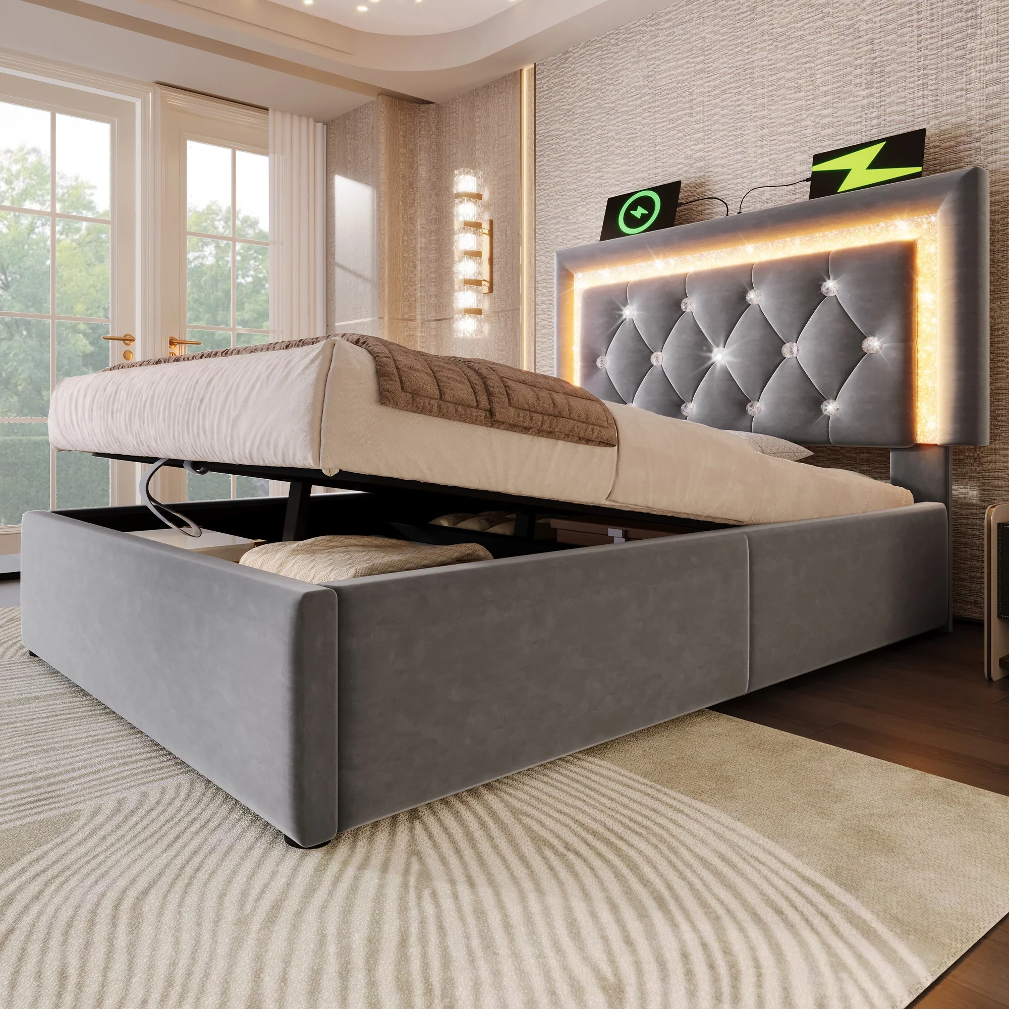 Upholstered Single Bed 90x200cm Hydraulic Storage LED USB Velvet Grey - Image 9