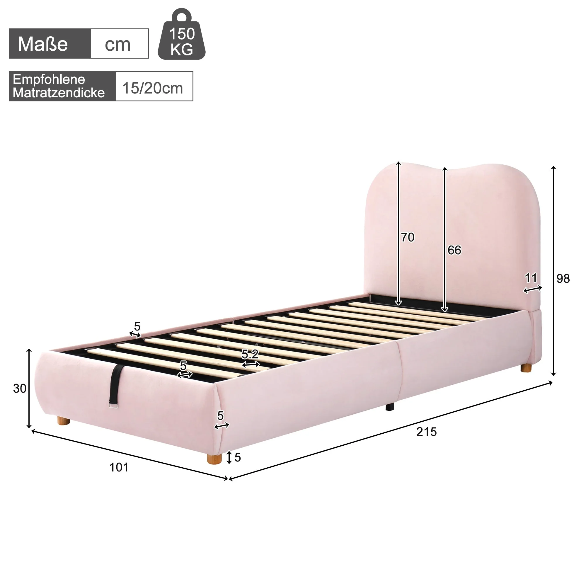 Upholstered Single Bed 90x200cm Hydraulic Storage Slatted Base - Velvet Pink - Image 10