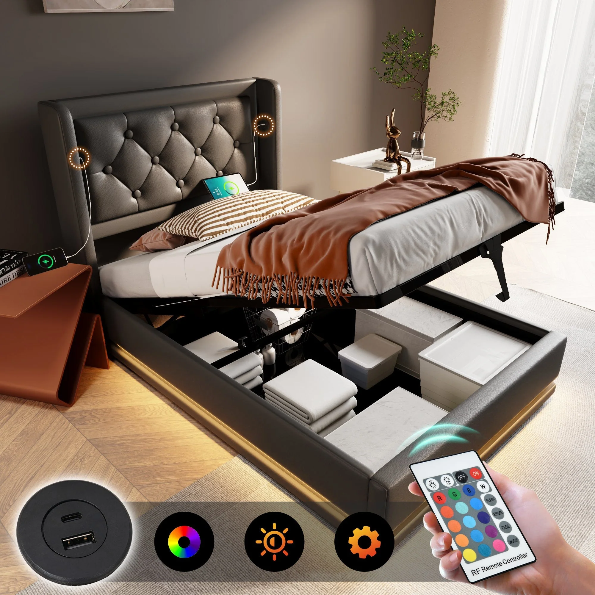 Upholstered Single Bed 90x200cm Hydraulic Storage USB-C LED Headboard, Black PU - Image 4