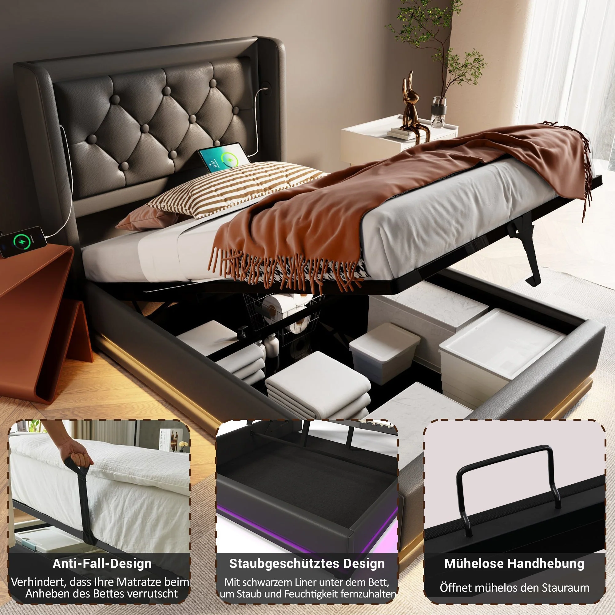 Upholstered Single Bed 90x200cm Hydraulic Storage USB-C LED Headboard, Black PU - Image 8