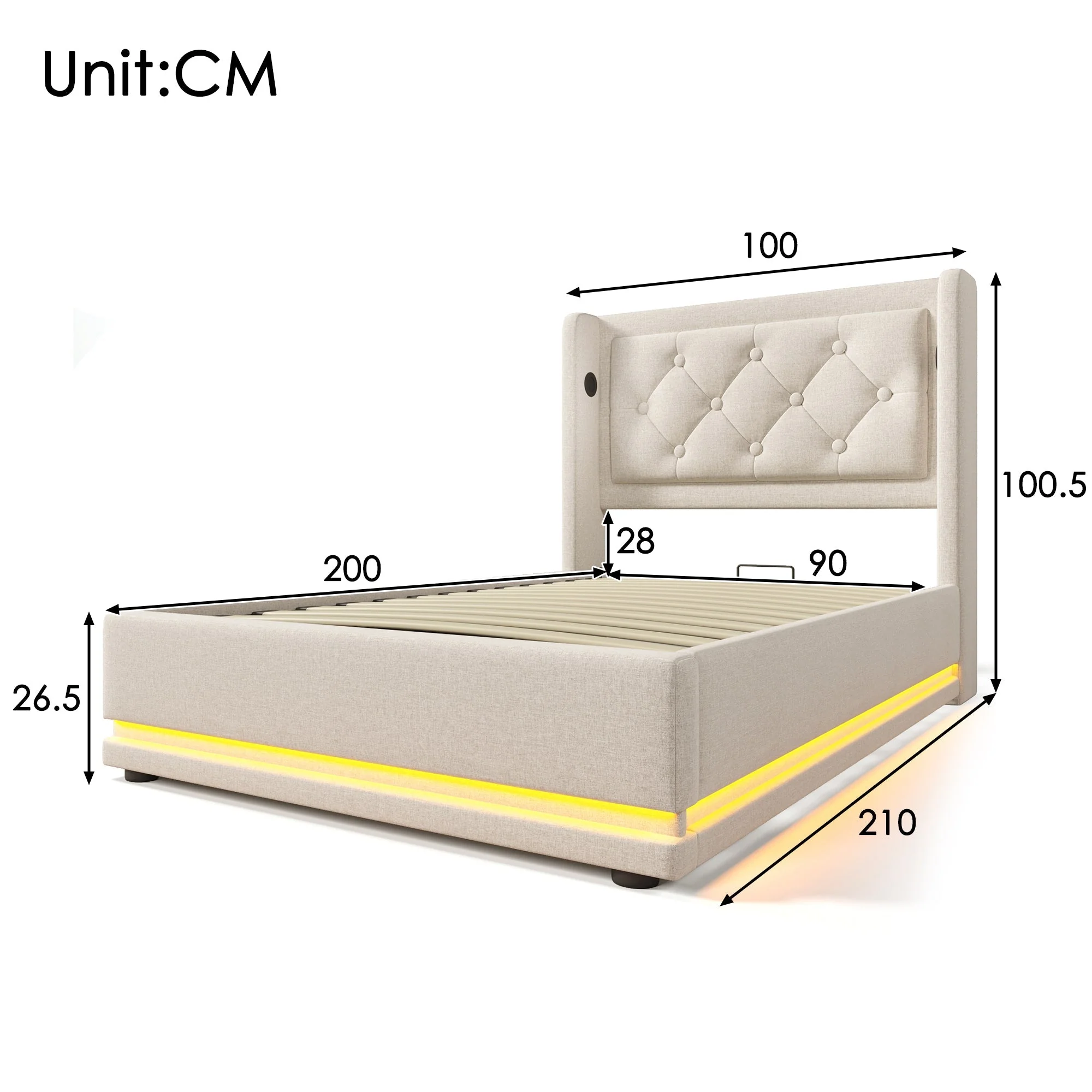Upholstered Single Bed, 90x200cm Hydraulic Storage with USB & LED, Beige Cotton - Image 3