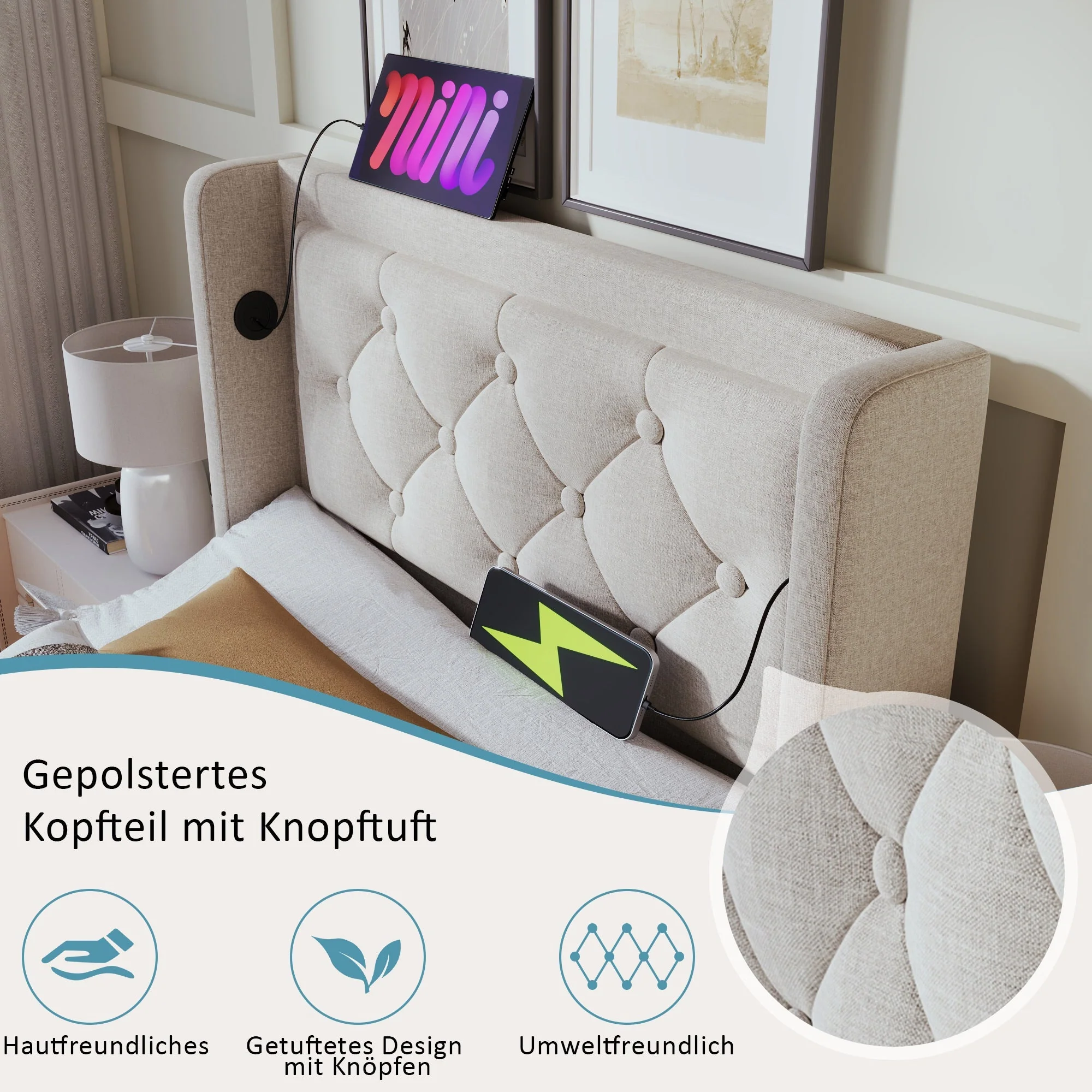 Upholstered Single Bed, 90x200cm Hydraulic Storage with USB & LED, Beige Cotton - Image 6