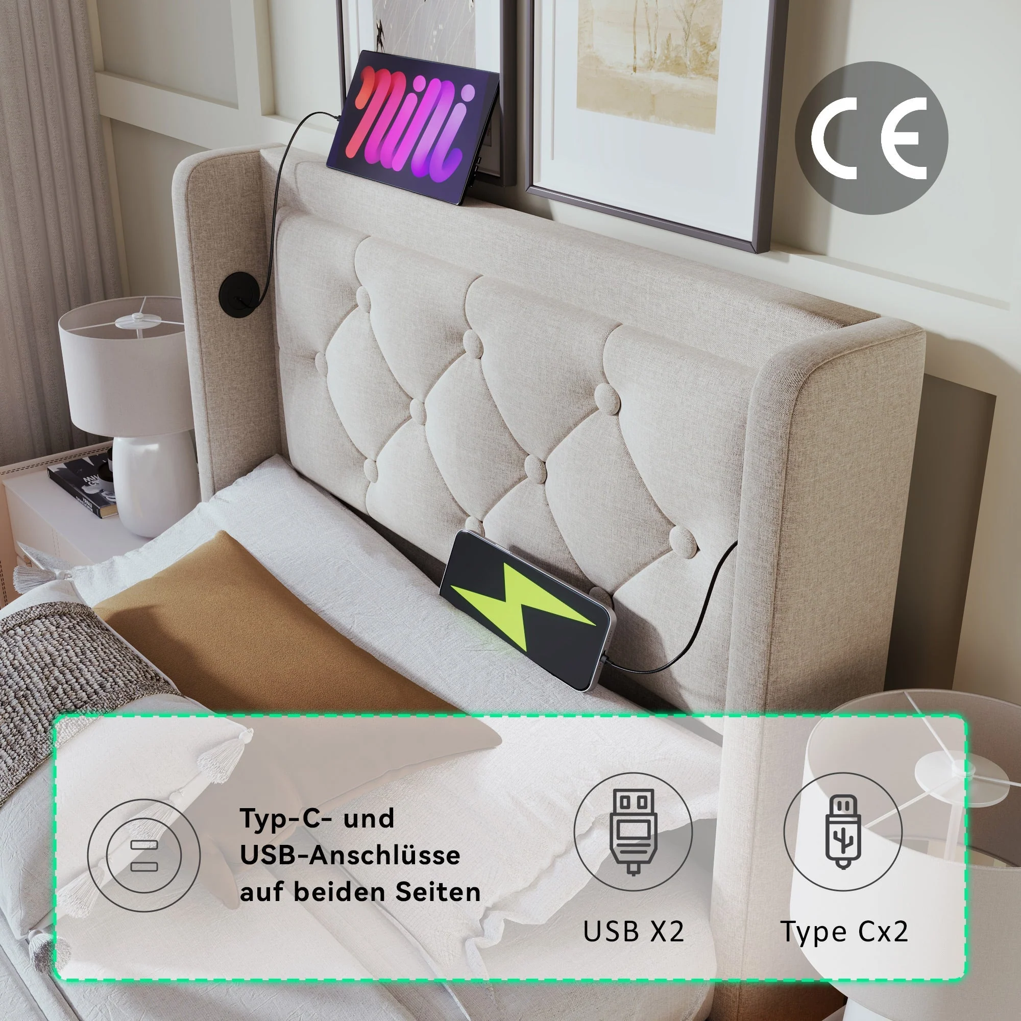 Upholstered Single Bed, 90x200cm Hydraulic Storage with USB & LED, Beige Cotton - Image 7