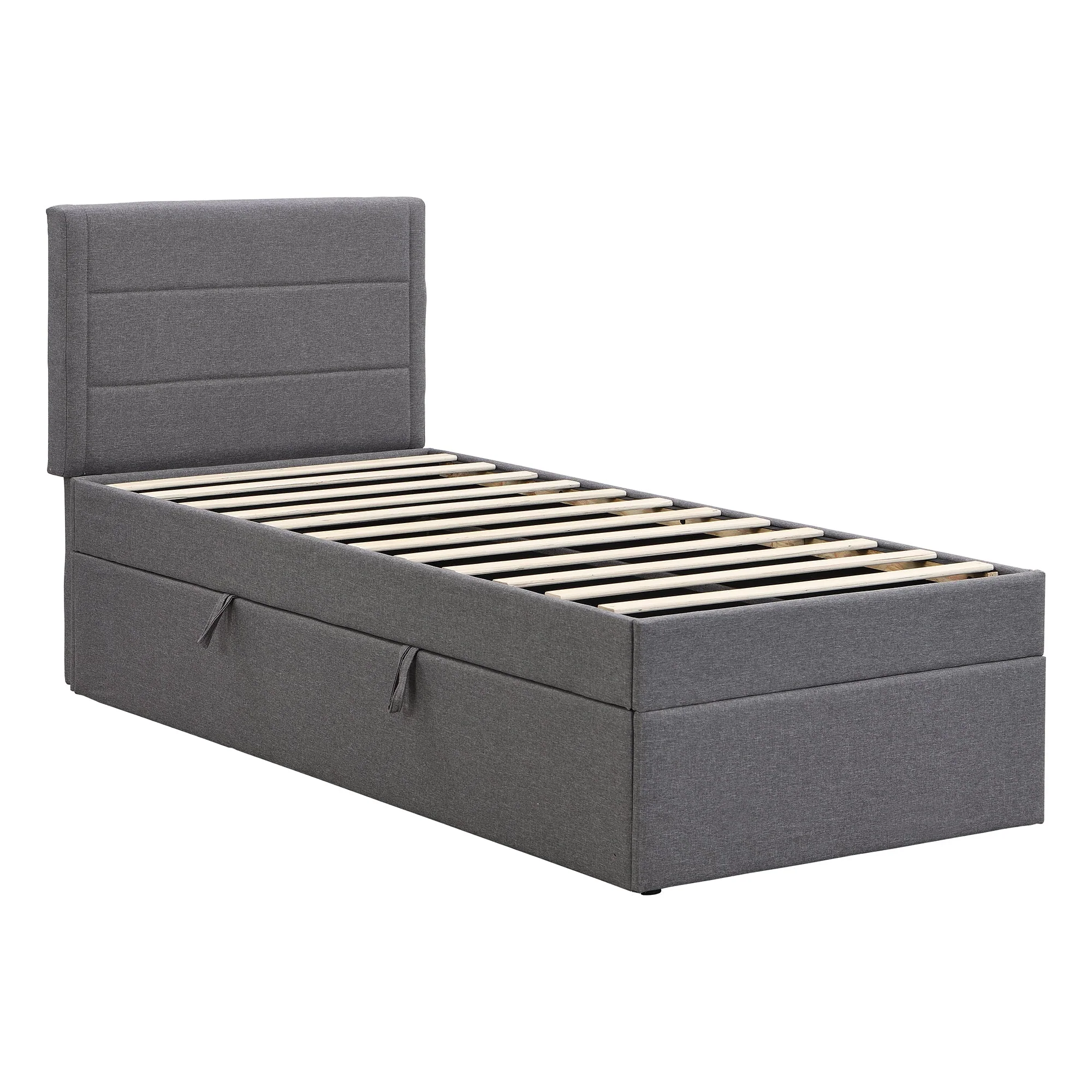 Upholstered Single Bed 90x200cm Large Storage Metal Slatted Base - Grey - Image 9