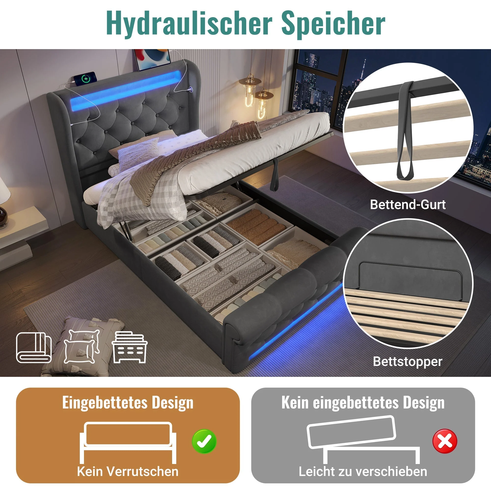 Upholstered Single Bed 90x200cm LED Headboard USB Hydraulic Storage Grey Velvet - Image 3