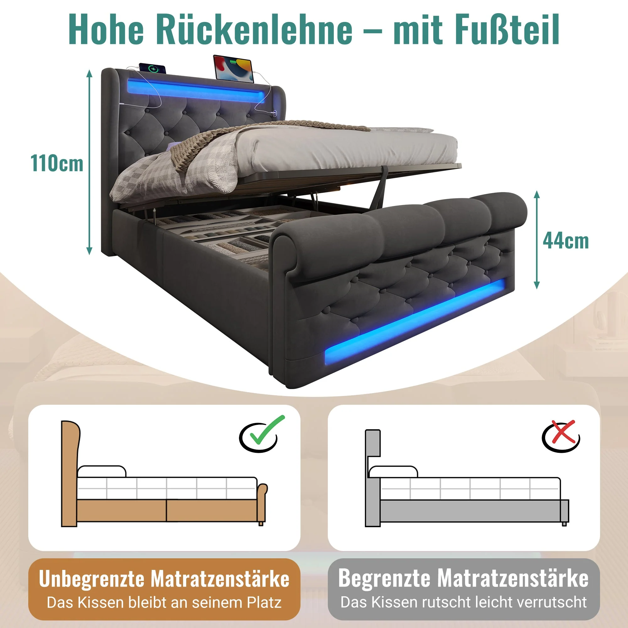 Upholstered Single Bed 90x200cm LED Headboard USB Hydraulic Storage Grey Velvet - Image 4