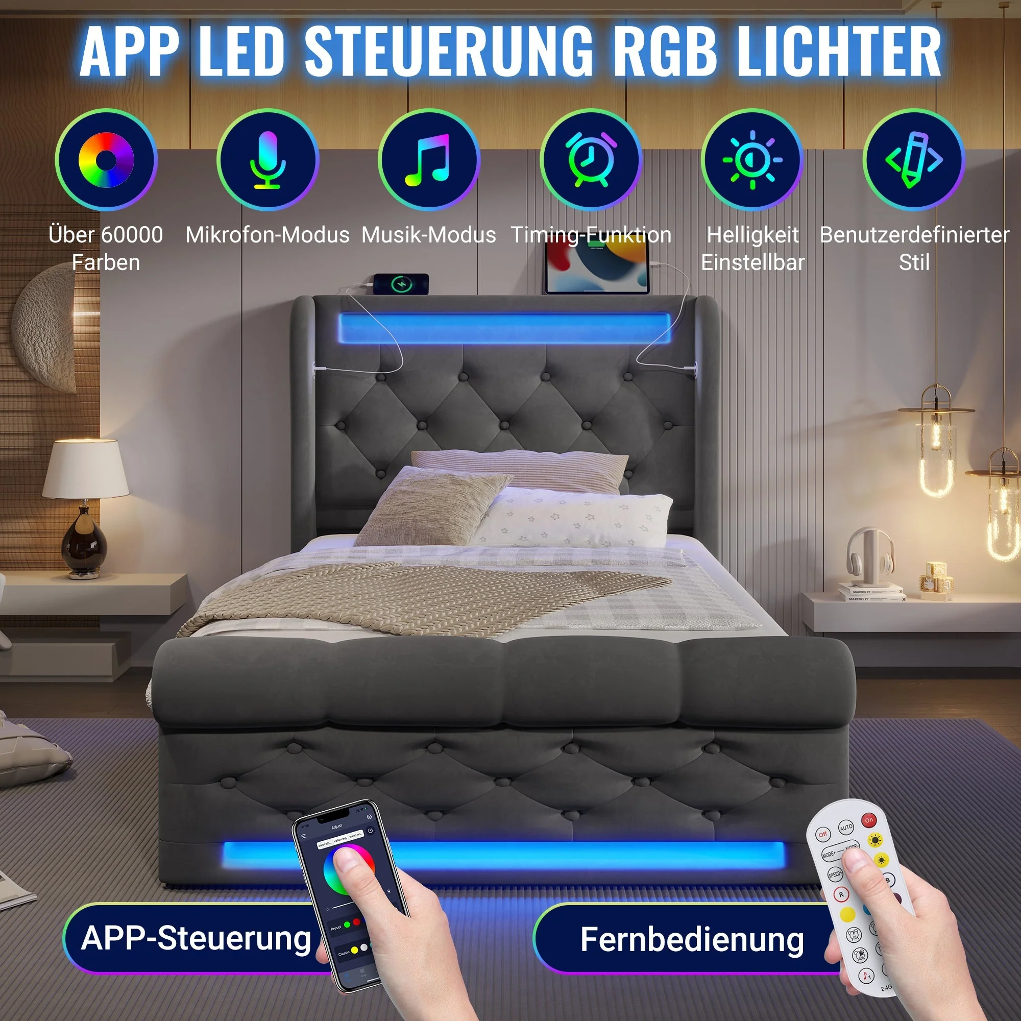 Upholstered Single Bed 90x200cm LED Headboard USB Hydraulic Storage Grey Velvet - Image 5