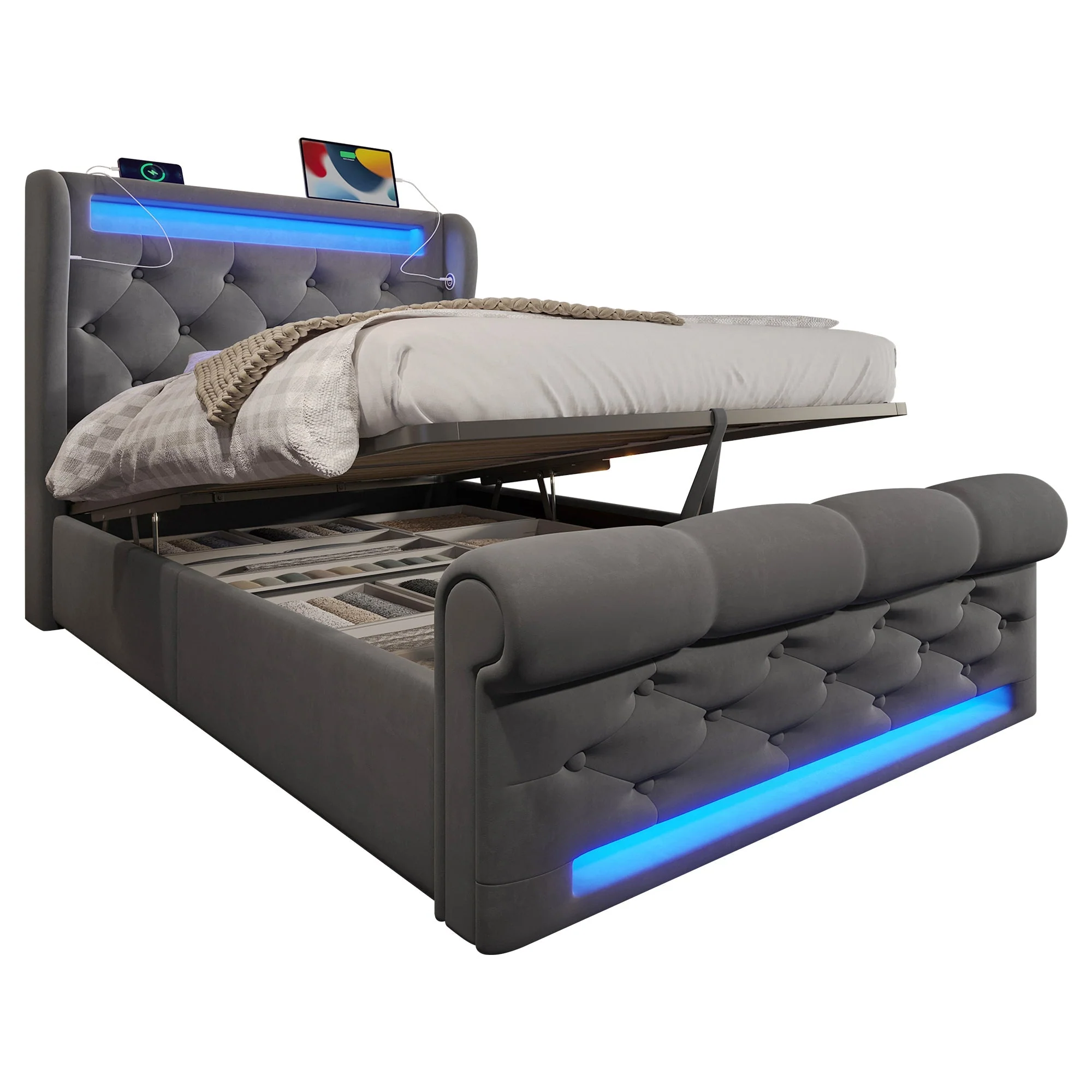 Upholstered Single Bed 90x200cm LED Headboard USB Hydraulic Storage Grey Velvet - Image 7