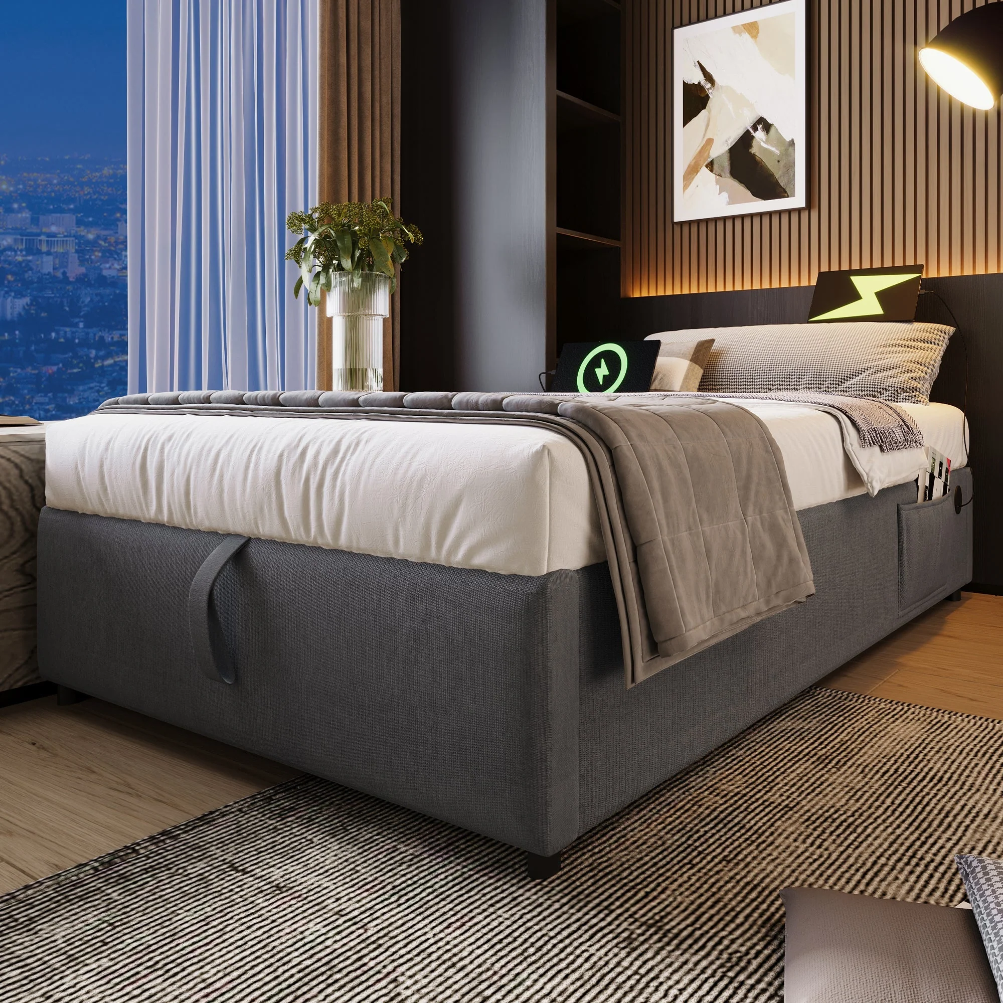 Upholstered Single Bed, 90x200cm USB-C Slatted Frame, Cotton Grey - Image 5