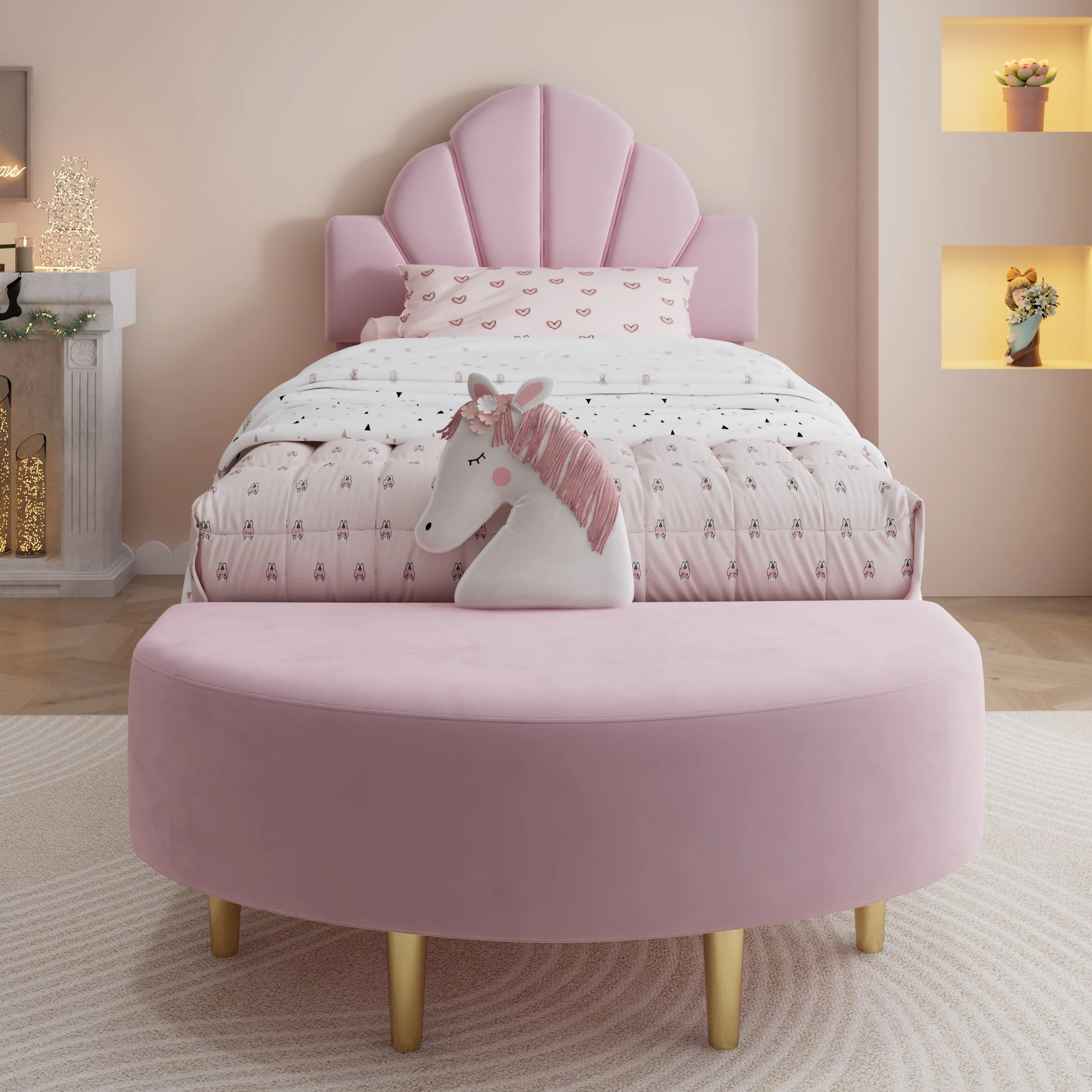 Upholstered Single Bed 90x200cm Velvet Headboard Matching Bench - Pink Velvet - Image 3