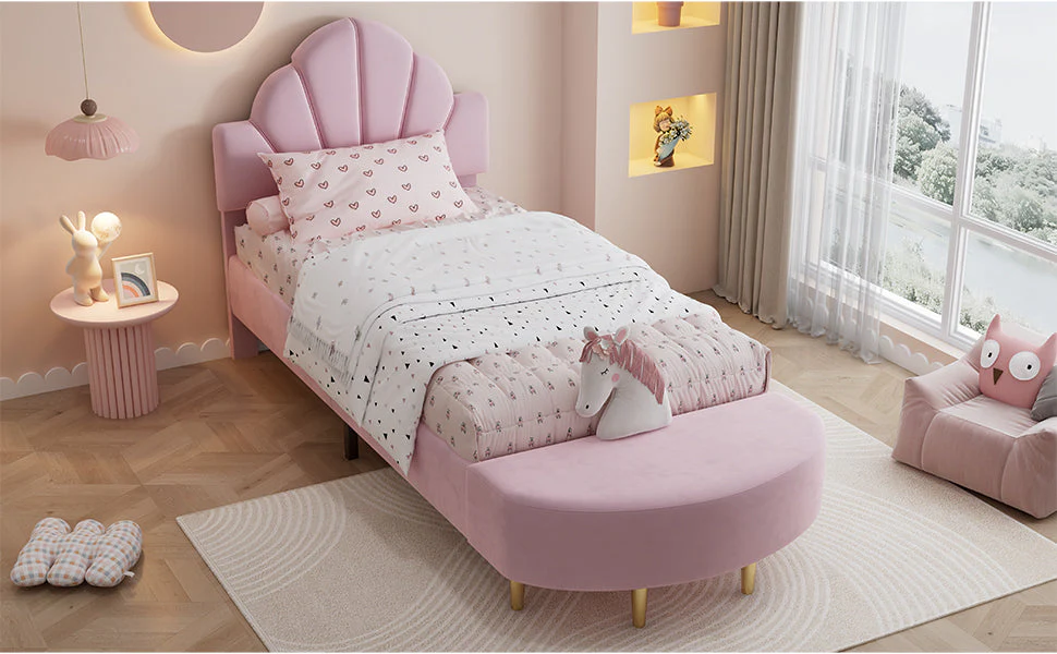 Upholstered Single Bed 90x200cm Velvet Headboard Matching Bench - Pink Velvet - Image 8