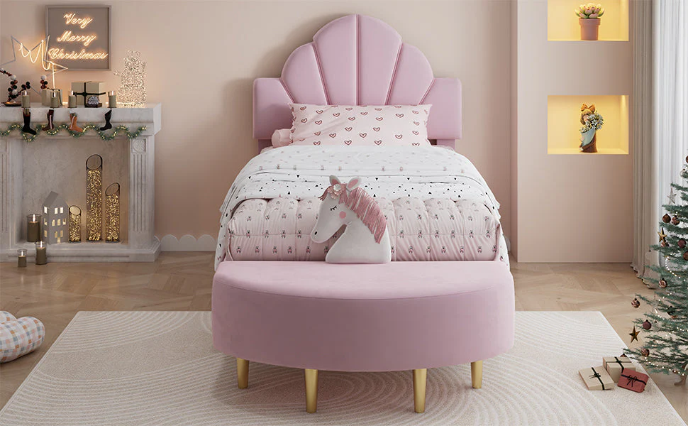 Upholstered Single Bed 90x200cm Velvet Headboard Matching Bench - Pink Velvet - Image 9
