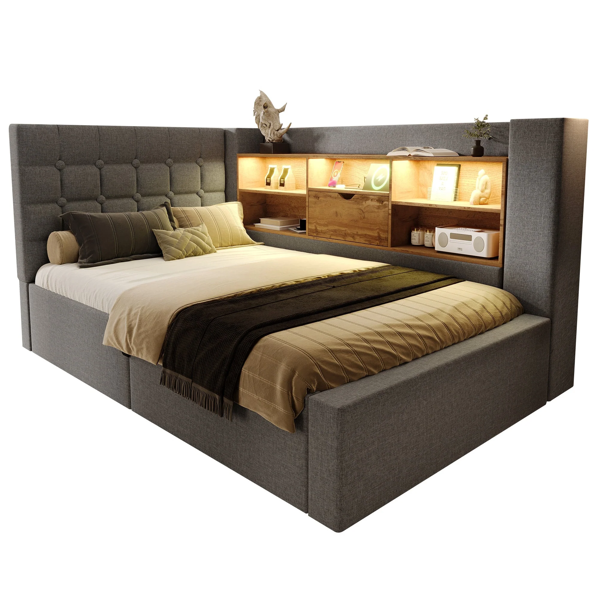 Upholstered Single Bed 90x200cm with LED, Hydraulic Storage and L-Shaped Headboard, Grey Linen Fabric (With Mattress) - Image 7